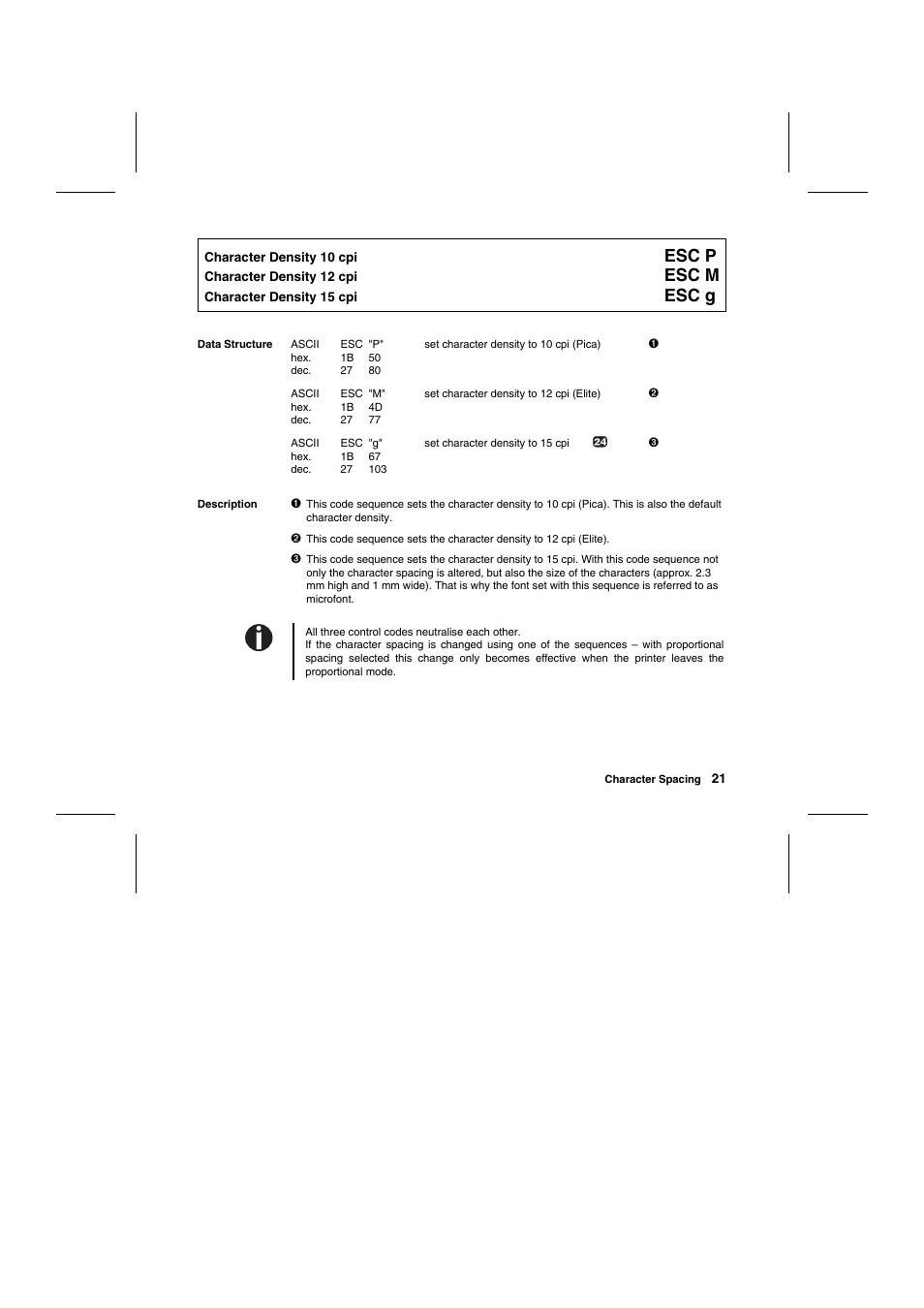Esc p, Esc m, Esc g | Tally Genicom Matrix Printer User Manual | Page 104 / 409