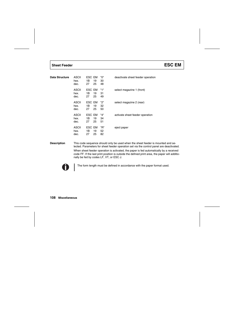 Esc em | Tally Genicom Matrix Printer User Manual | Page 191 / 409