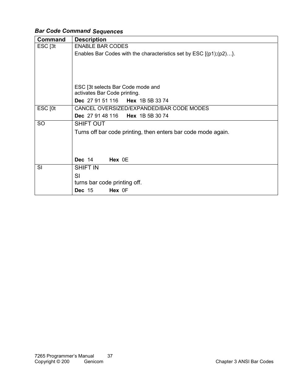 Bar code command sequences | Tally Genicom Matrix Printer User Manual | Page 41 / 409