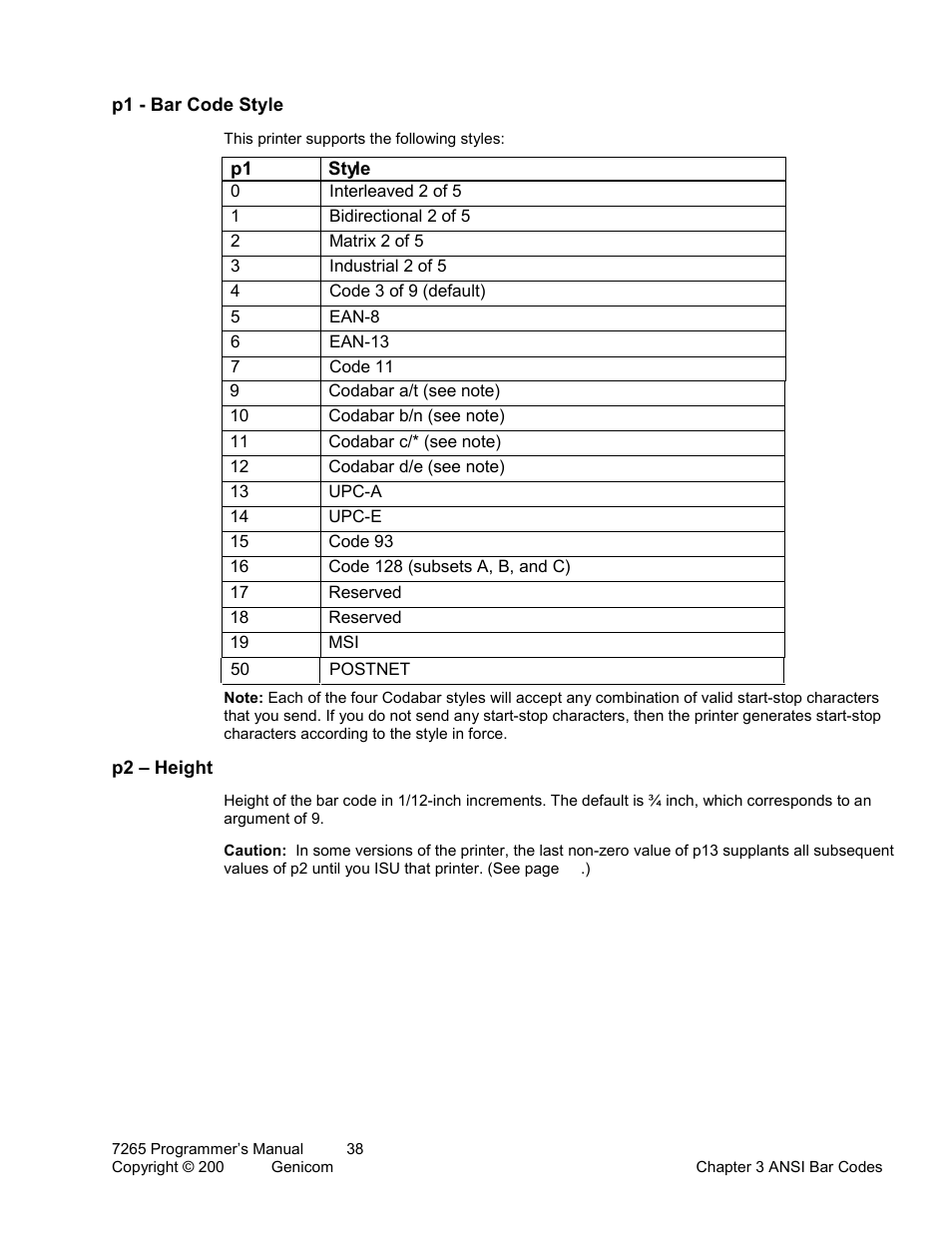 P1 - bar code style, P2 – height | Tally Genicom Matrix Printer User Manual | Page 42 / 409