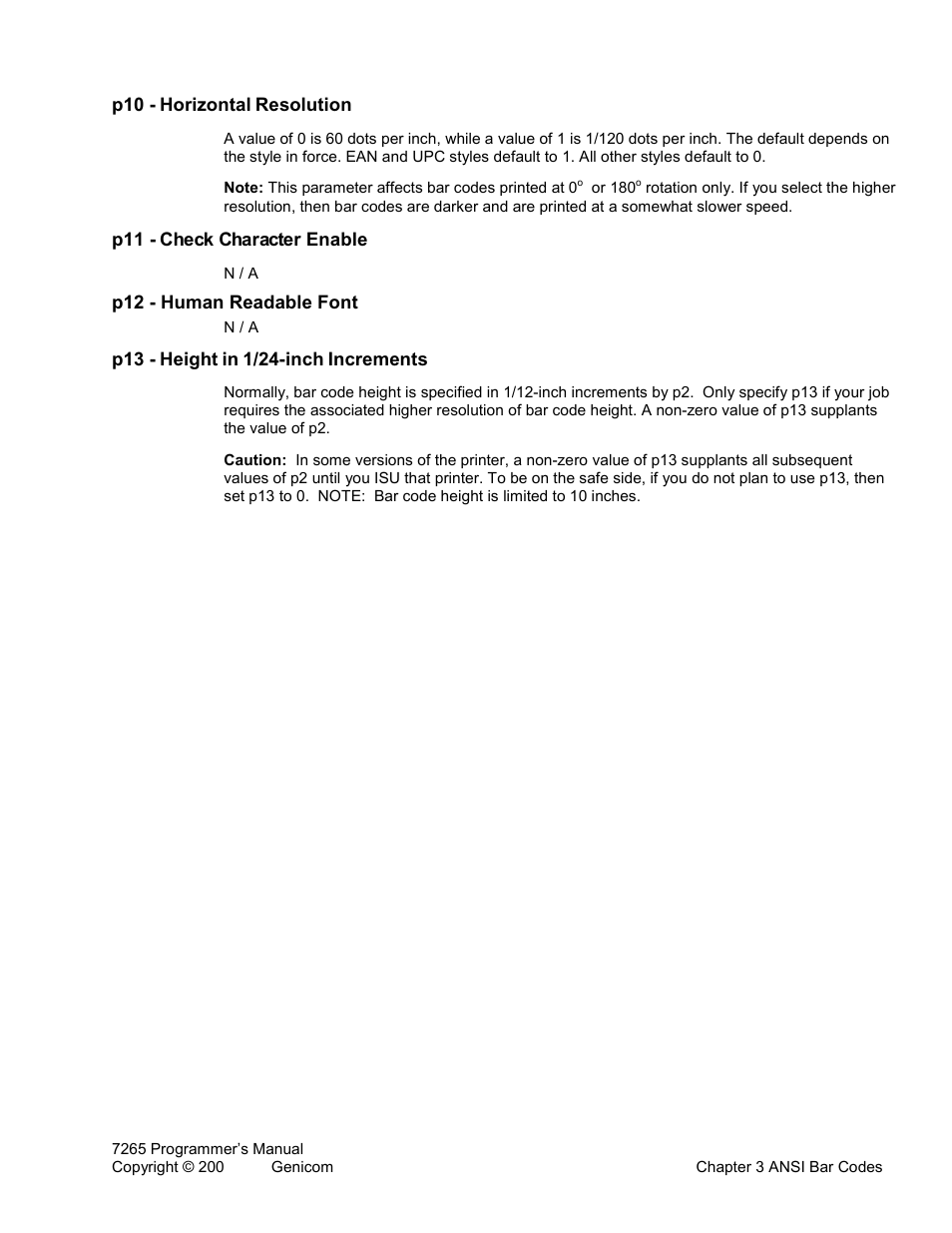 P10 - horizontal resolution, P11 - check character enable, P12 - human readable font | P13 - height in 1/24-inch increments | Tally Genicom Matrix Printer User Manual | Page 45 / 409