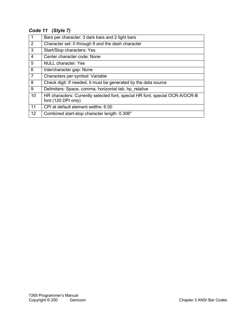 Code 11 (style 7), Code bcd (style 8) | Tally Genicom Matrix Printer User Manual | Page 55 / 409