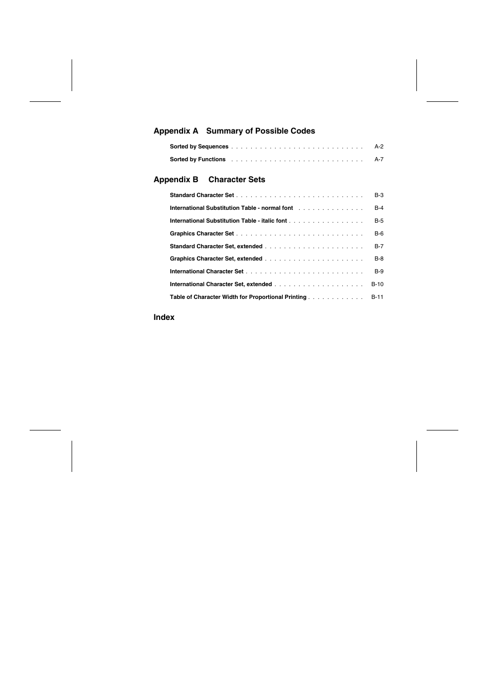 Appendix a summary of possible codes, Appendix b character sets, Index | Tally Genicom Matrix Printer User Manual | Page 83 / 409