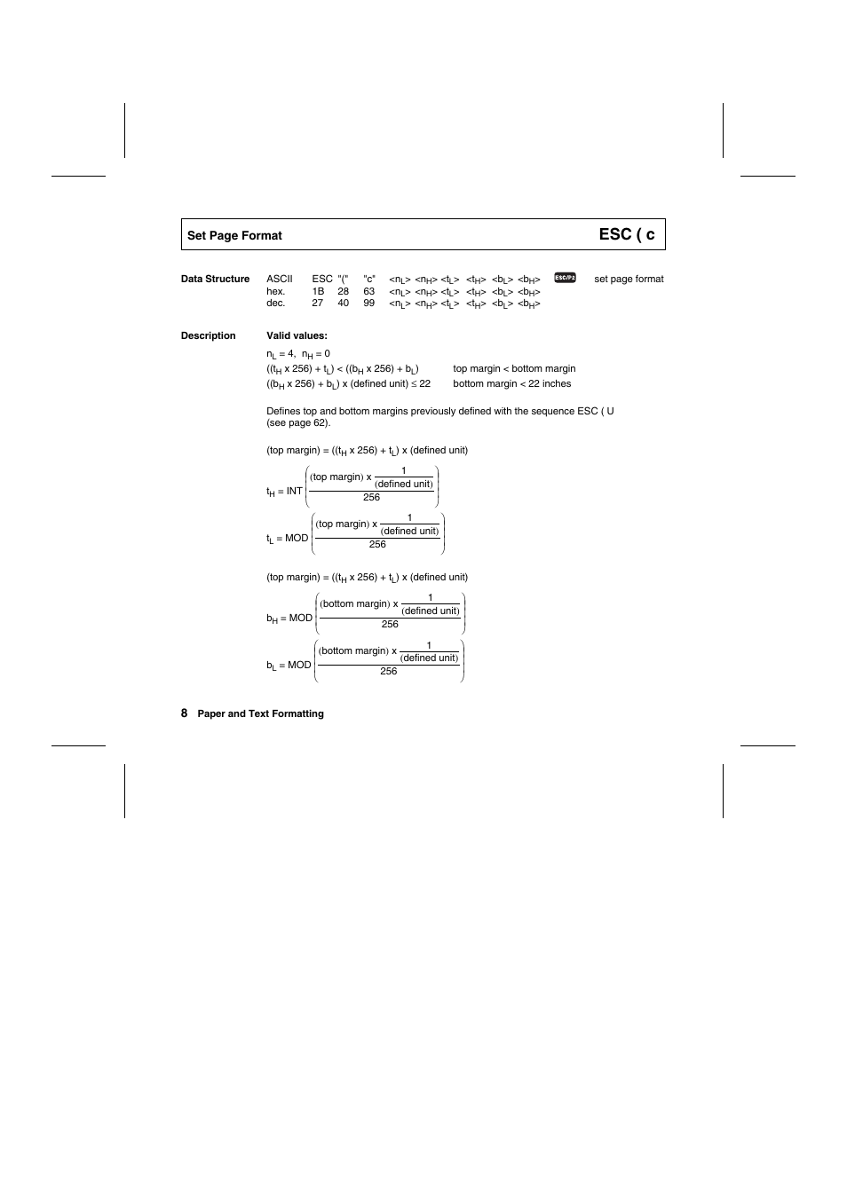 Esc ( c | Tally Genicom Matrix Printer User Manual | Page 91 / 409