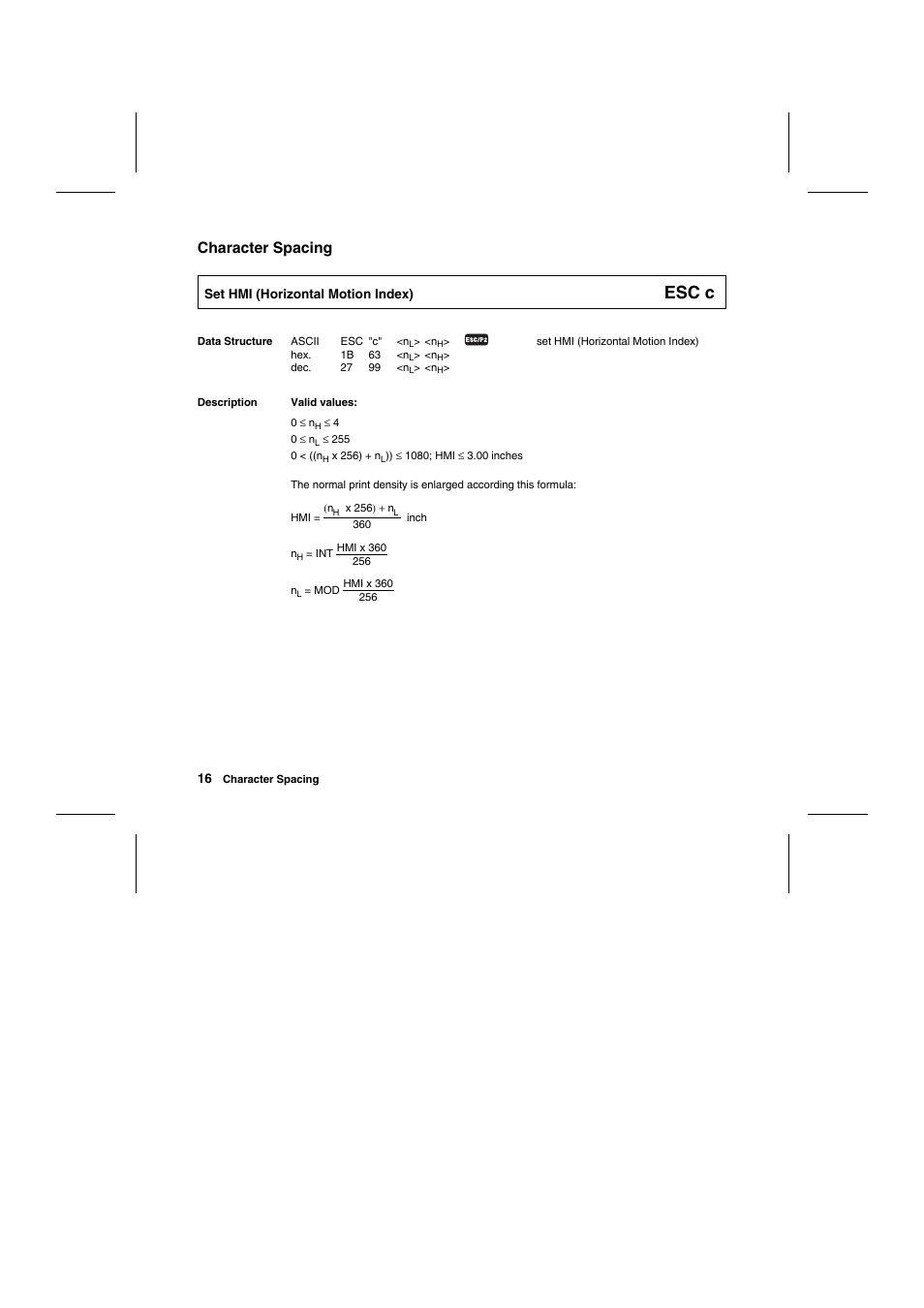 Esc c, Character spacing | Tally Genicom Matrix Printer User Manual | Page 99 / 409