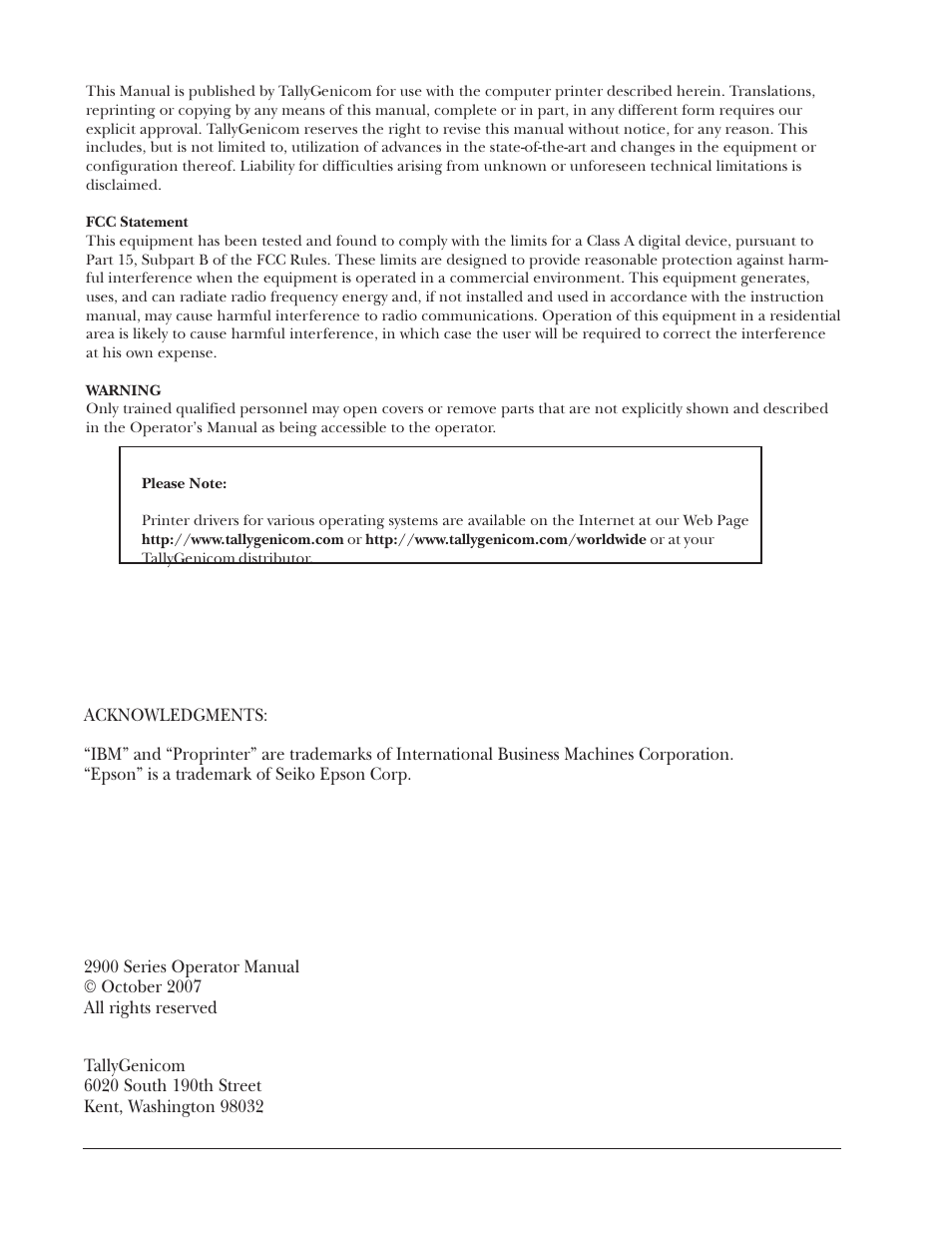 Operator manual | Tally Genicom 2900 User Manual | Page 2 / 84