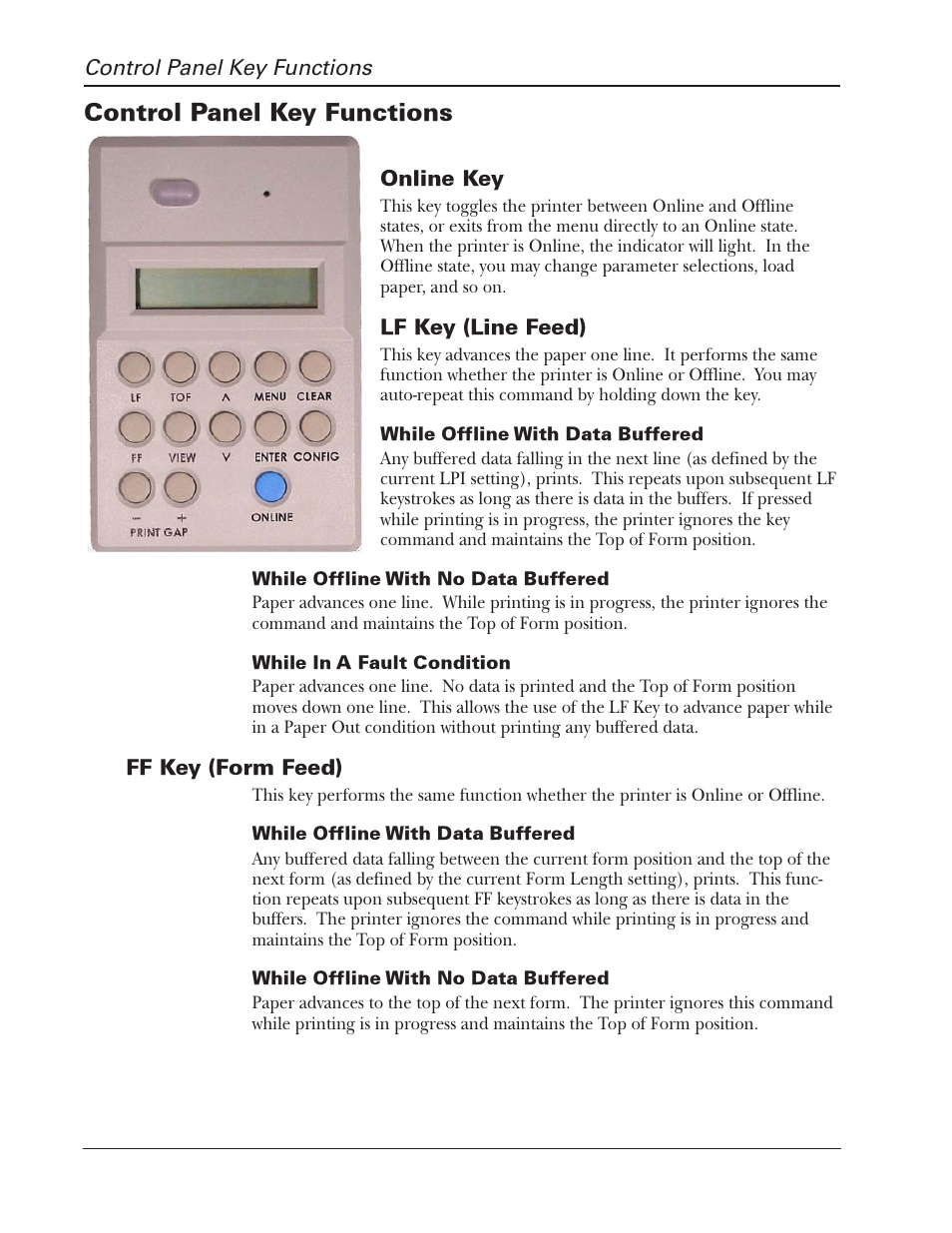 Control panel key functions | Tally Genicom 2900 User Manual | Page 32 / 84