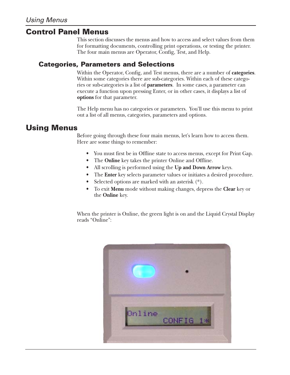 Control panel menus, Using menus | Tally Genicom 2900 User Manual | Page 36 / 84