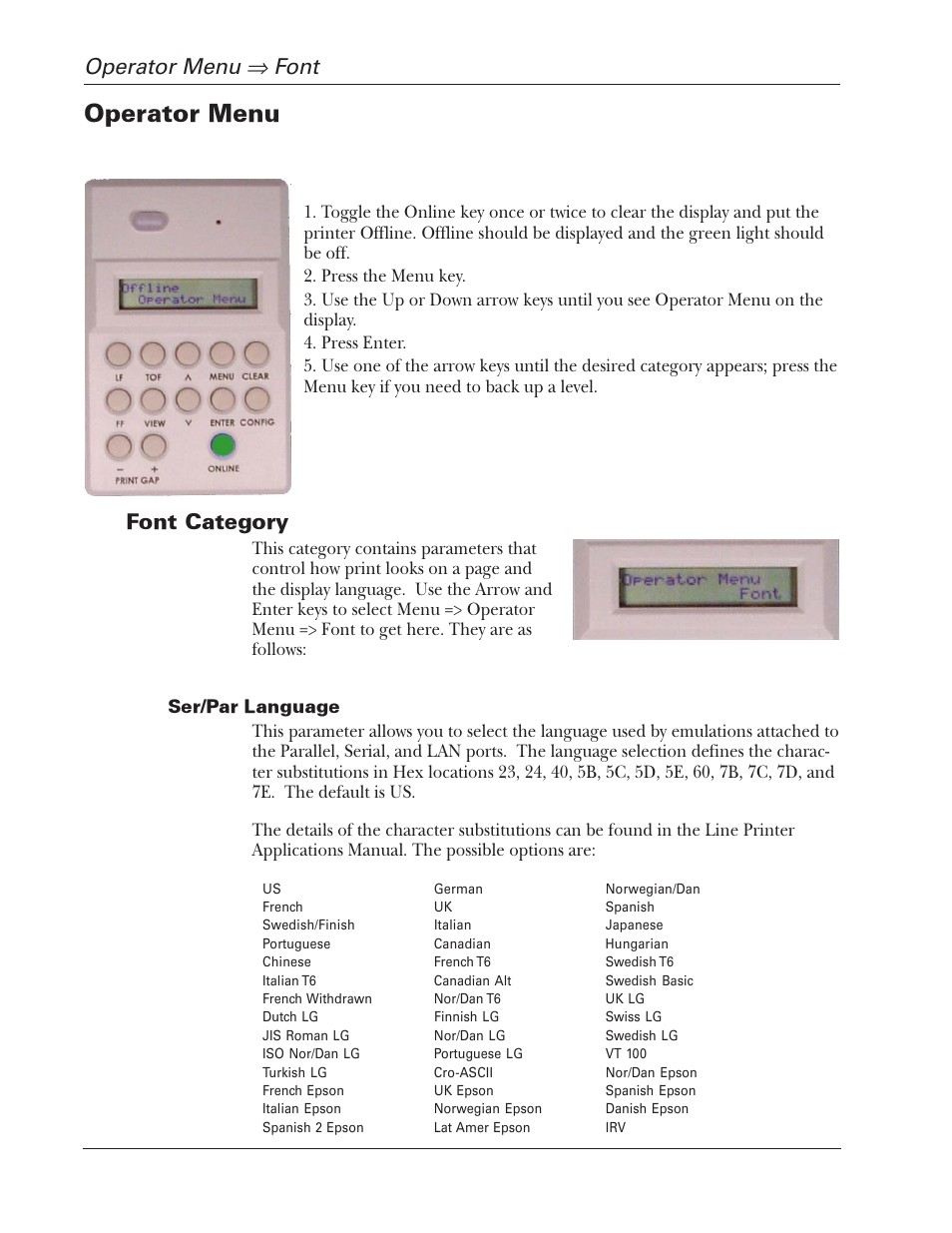 Operator menu, Operator manual operator menu, Font | Font category | Tally Genicom 2900 User Manual | Page 40 / 84