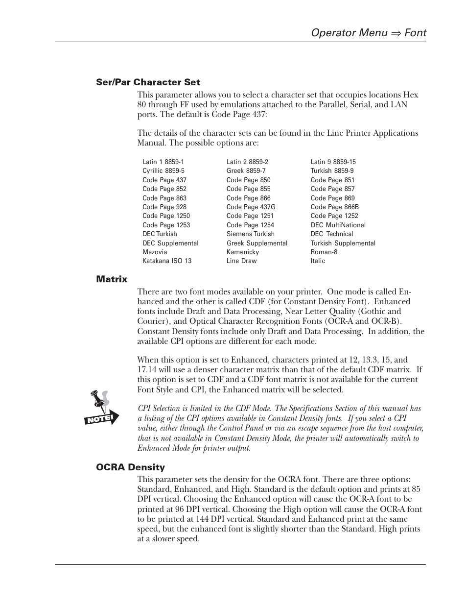 Chapter 3: printer menus and the control panel, Operator menu, Font | Tally Genicom 2900 User Manual | Page 41 / 84