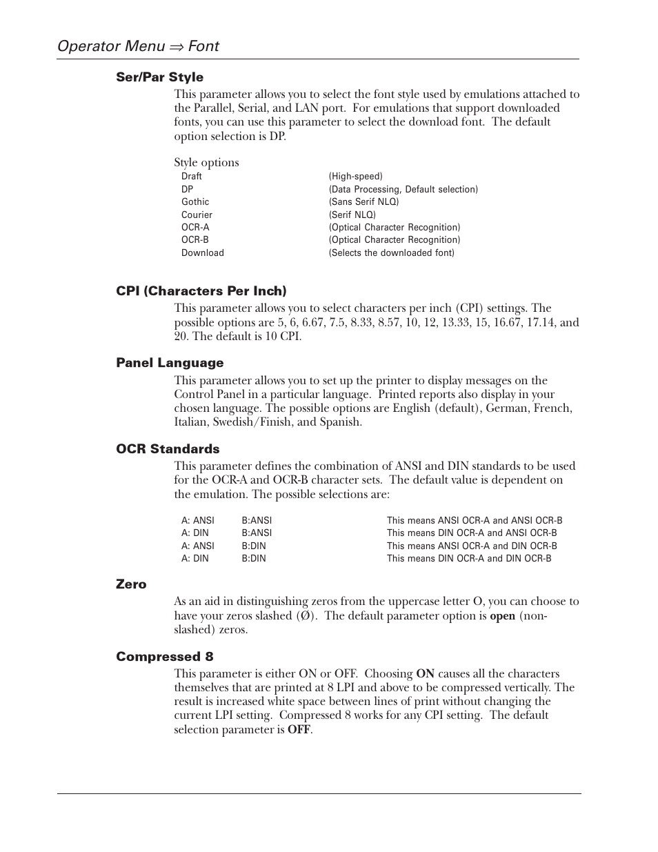 Operator manual, Operator menu, Font | Tally Genicom 2900 User Manual | Page 42 / 84