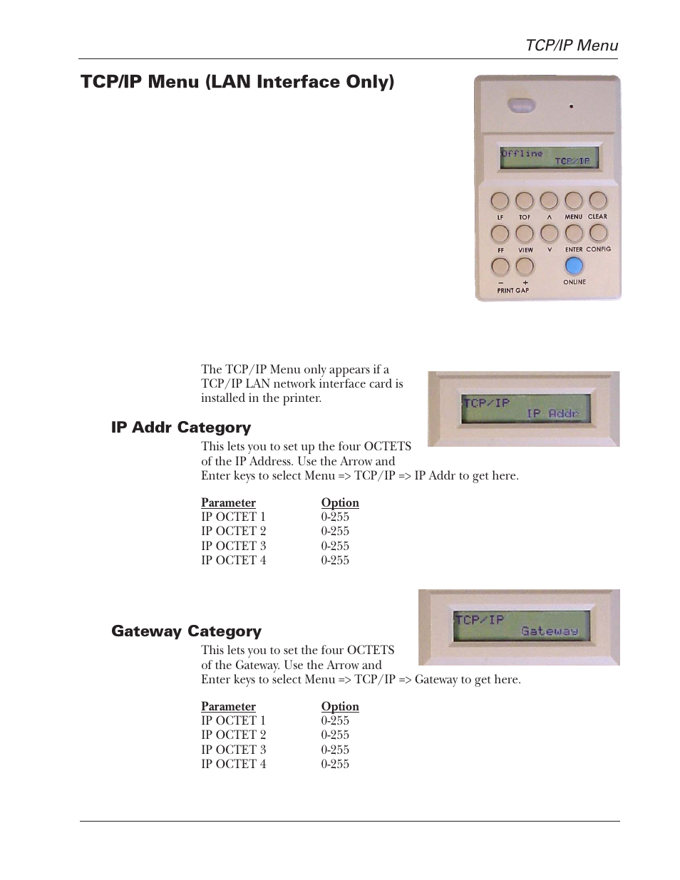 Tcp/ip menu (lan interface only) | Tally Genicom 2900 User Manual | Page 65 / 84