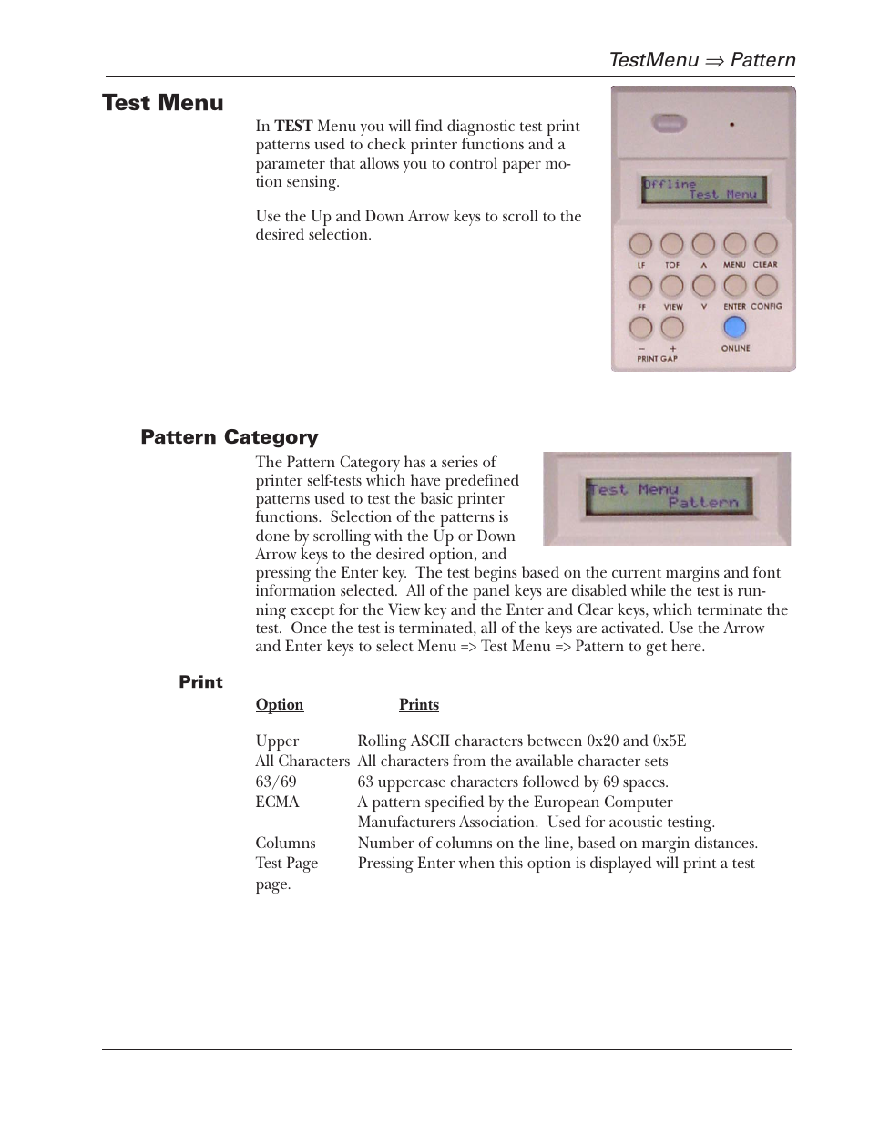 Test menu | Tally Genicom 2900 User Manual | Page 67 / 84