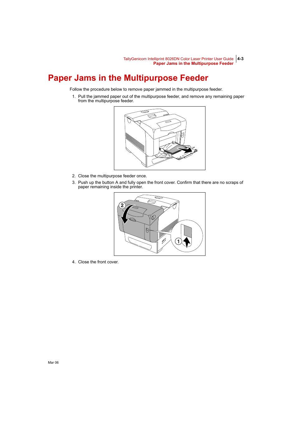 Paper jams in the multipurpose feeder, Paper jams in the multipurpose feeder 4-3 | Tally Genicom Intelliprint 8026DN User Manual | Page 105 / 260