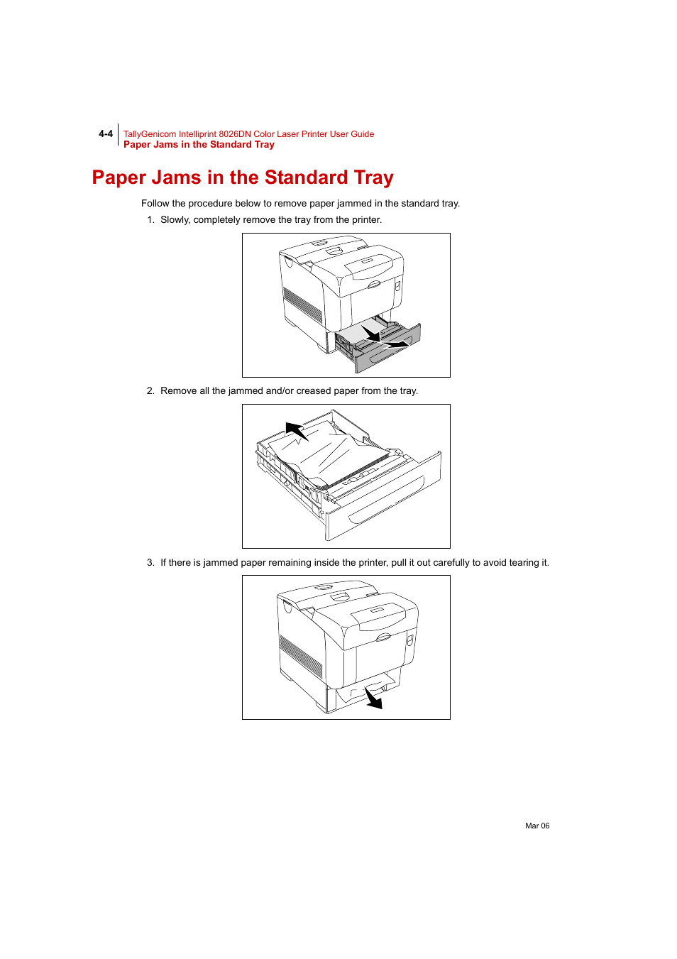 Paper jams in the standard tray, Paper jams in the standard tray 4-4 | Tally Genicom Intelliprint 8026DN User Manual | Page 106 / 260