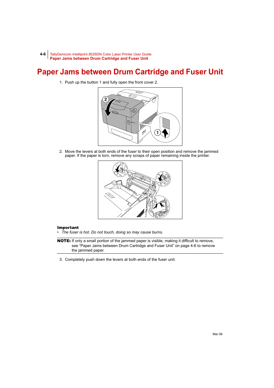 Paper jams between drum cartridge and fuser unit | Tally Genicom Intelliprint 8026DN User Manual | Page 108 / 260
