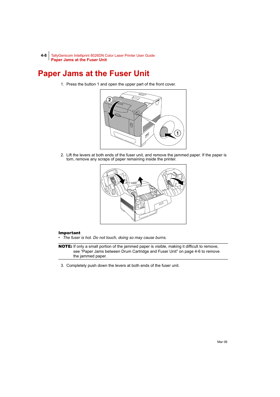 Paper jams at the fuser unit, Paper jams at the fuser unit 4-8, Paper jams at the | Tally Genicom Intelliprint 8026DN User Manual | Page 110 / 260