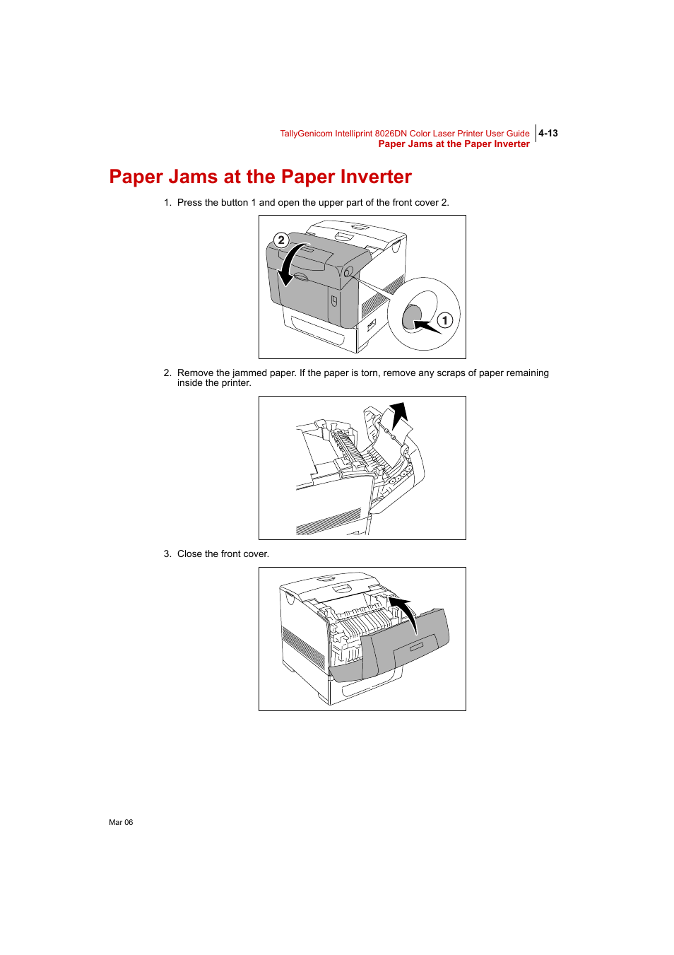 Paper jams at the paper inverter, Paper jams at the paper inverter 4-13 | Tally Genicom Intelliprint 8026DN User Manual | Page 115 / 260