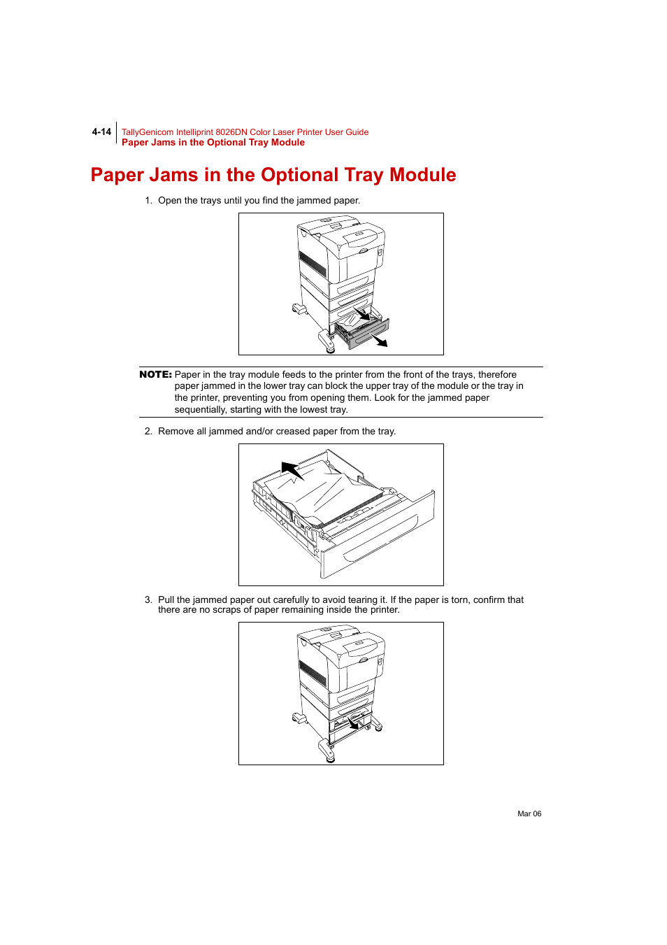 Paper jams in the optional tray module, Paper jams in the optional tray module 4-14 | Tally Genicom Intelliprint 8026DN User Manual | Page 116 / 260