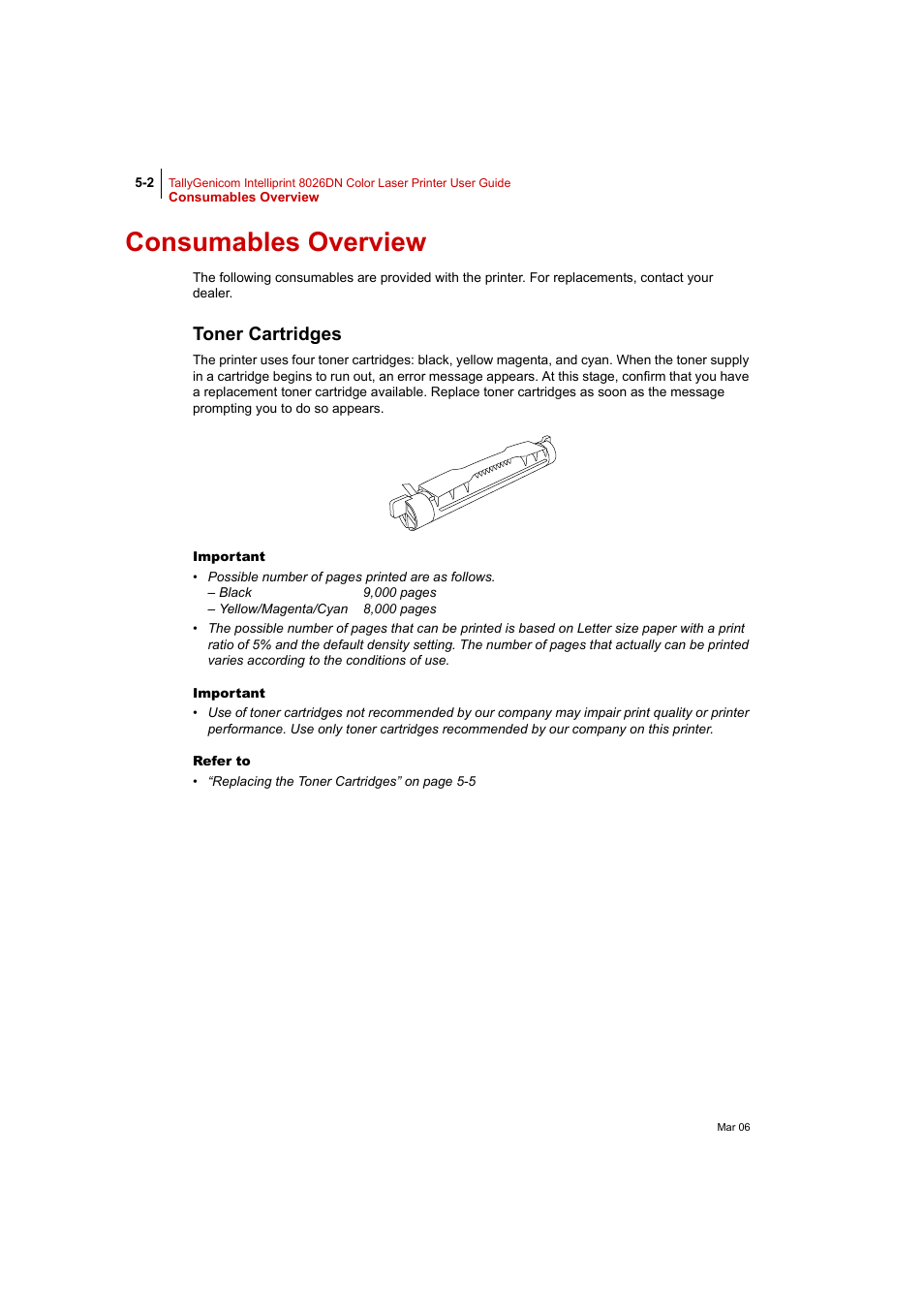 Consumables overview, Toner cartridges, Consumables overview 5-2 | Toner cartridges 5-2 | Tally Genicom Intelliprint 8026DN User Manual | Page 120 / 260