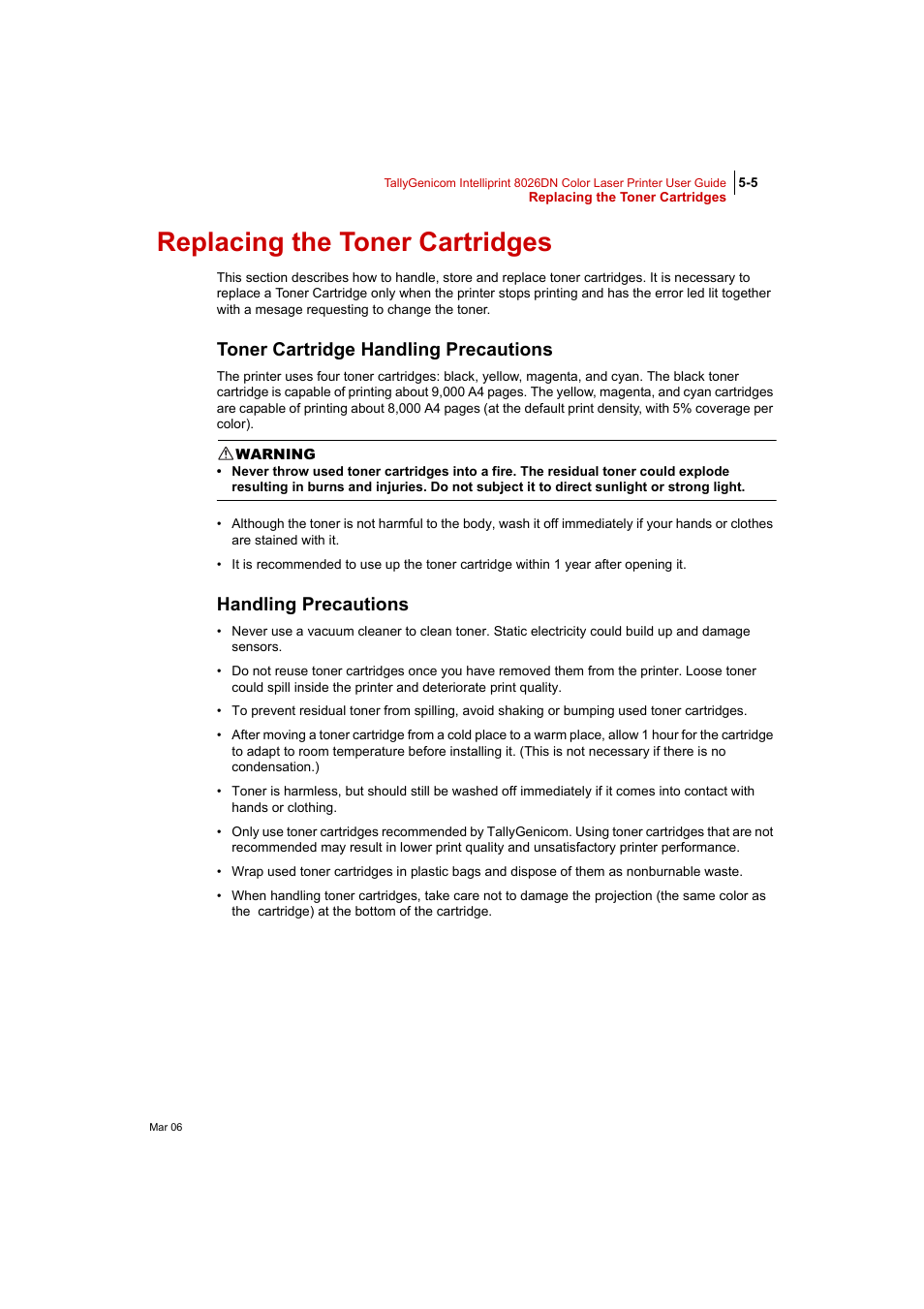 Replacing the toner cartridges, Toner cartridge handling precautions, Handling precautions | Replacing the toner cartridges 5-5 | Tally Genicom Intelliprint 8026DN User Manual | Page 123 / 260