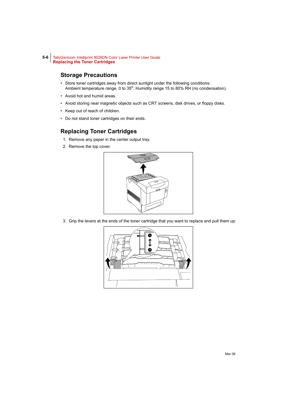 Storage precautions, Replacing toner cartridges | Tally Genicom Intelliprint 8026DN User Manual | Page 124 / 260