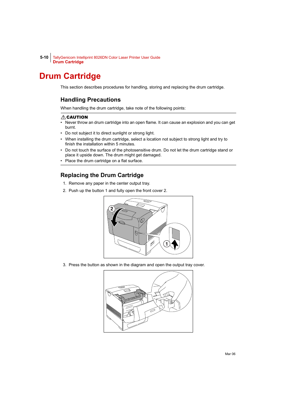 Drum cartridge, Handling precautions, Replacing the drum cartridge | Drum cartridge 5-10 | Tally Genicom Intelliprint 8026DN User Manual | Page 128 / 260
