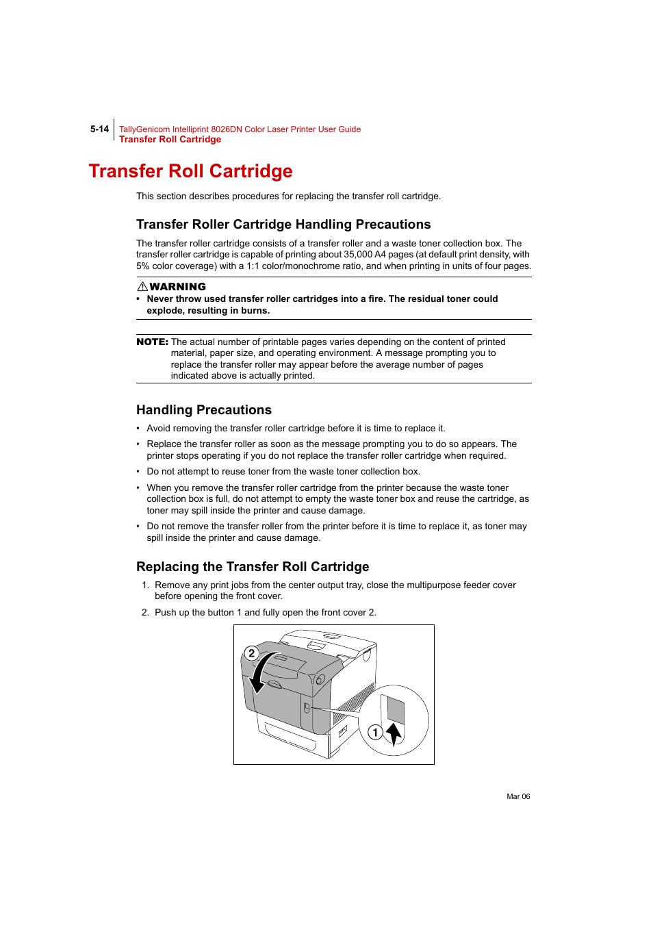 Transfer roll cartridge, Transfer roller cartridge handling precautions, Handling precautions | Replacing the transfer roll cartridge, Transfer roll cartridge 5-14 | Tally Genicom Intelliprint 8026DN User Manual | Page 132 / 260