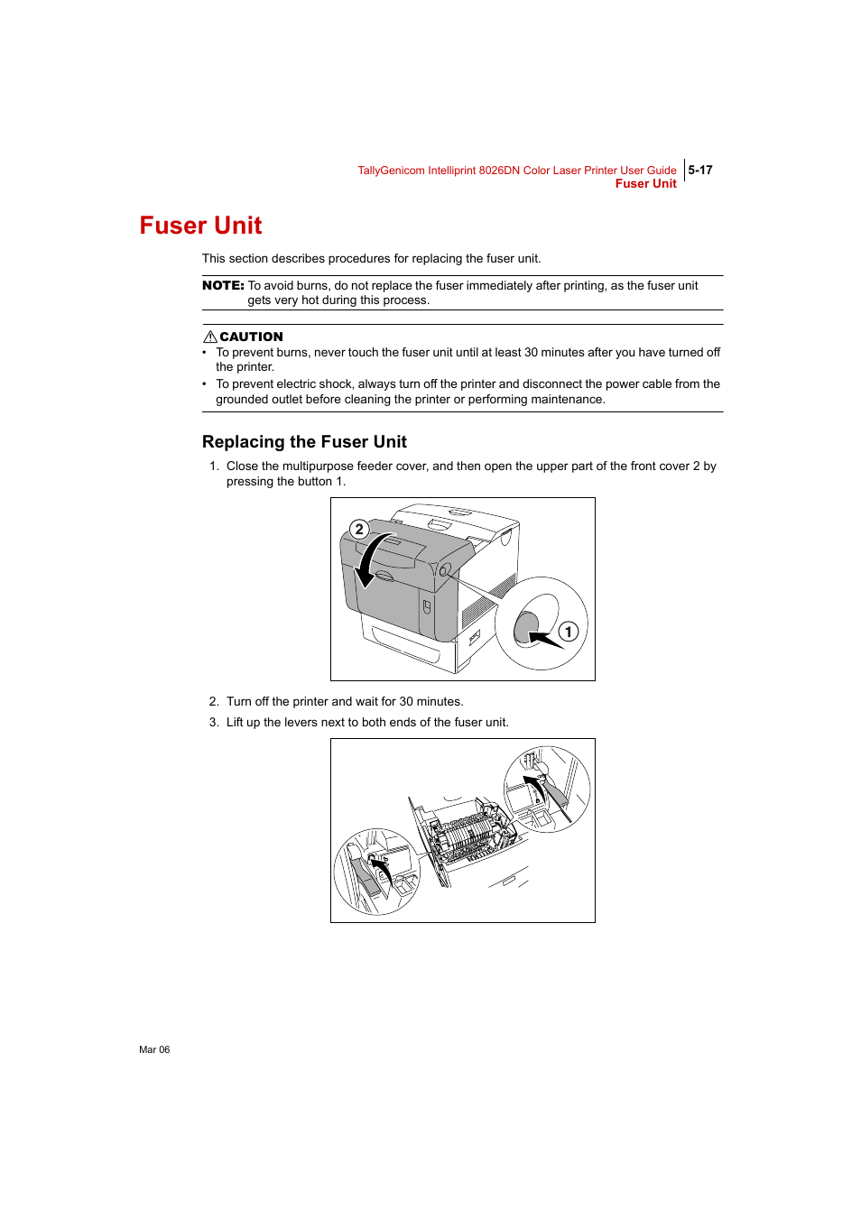 Fuser unit, Replacing the fuser unit, Fuser unit 5-17 | Replacing the fuser unit 5-17 | Tally Genicom Intelliprint 8026DN User Manual | Page 135 / 260