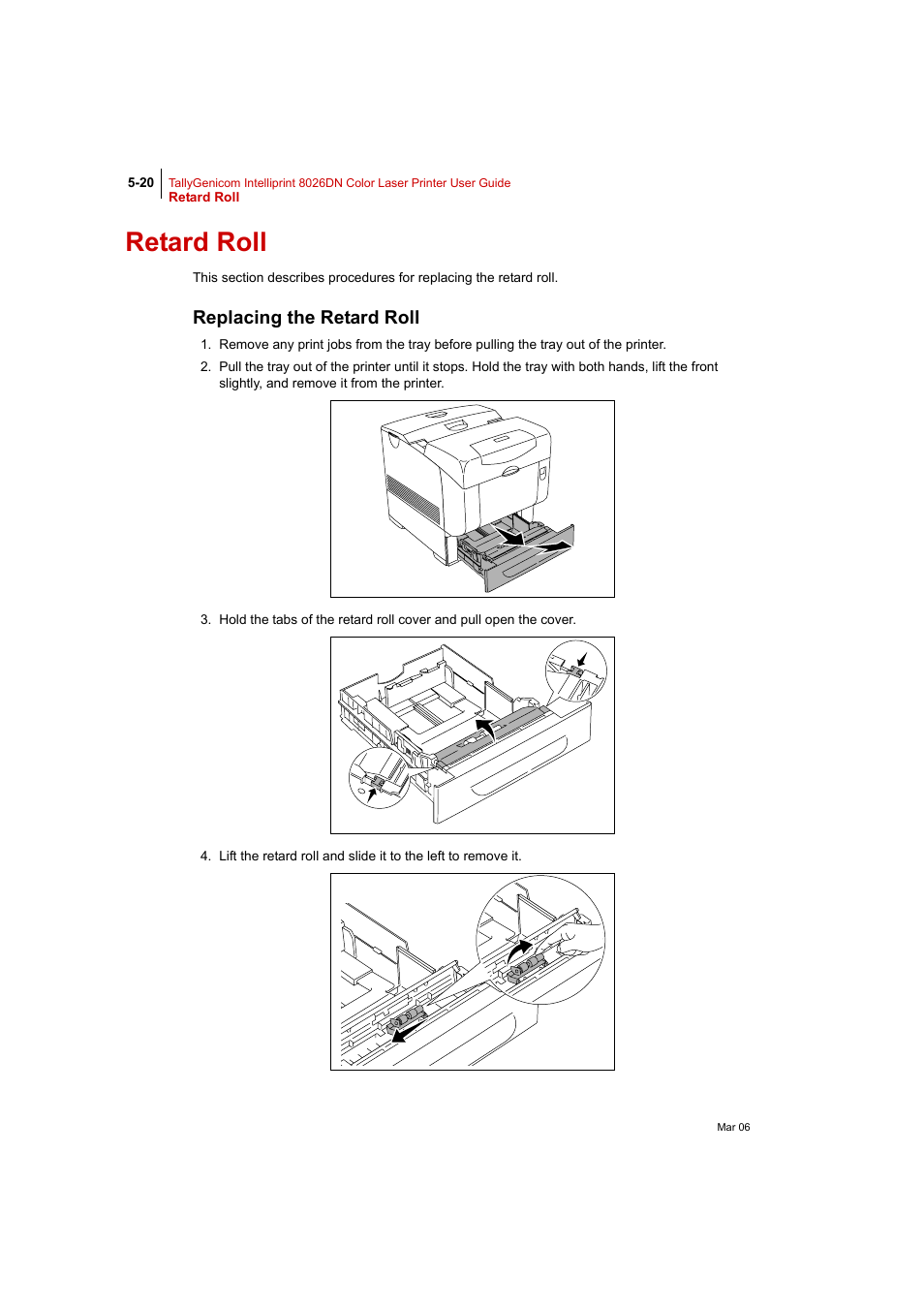 Retard roll, Replacing the retard roll, Retard roll 5-20 | Replacing the retard roll 5-20 | Tally Genicom Intelliprint 8026DN User Manual | Page 138 / 260