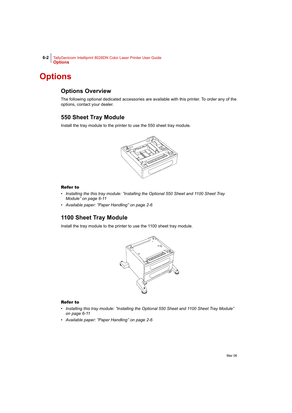 Options, Options overview, 550 sheet tray module | 1100 sheet tray module, Options 6-2, To “550 sheet tray module” (p. 6-2), 1100 sheet tray module” (p. 6-2) fo | Tally Genicom Intelliprint 8026DN User Manual | Page 142 / 260