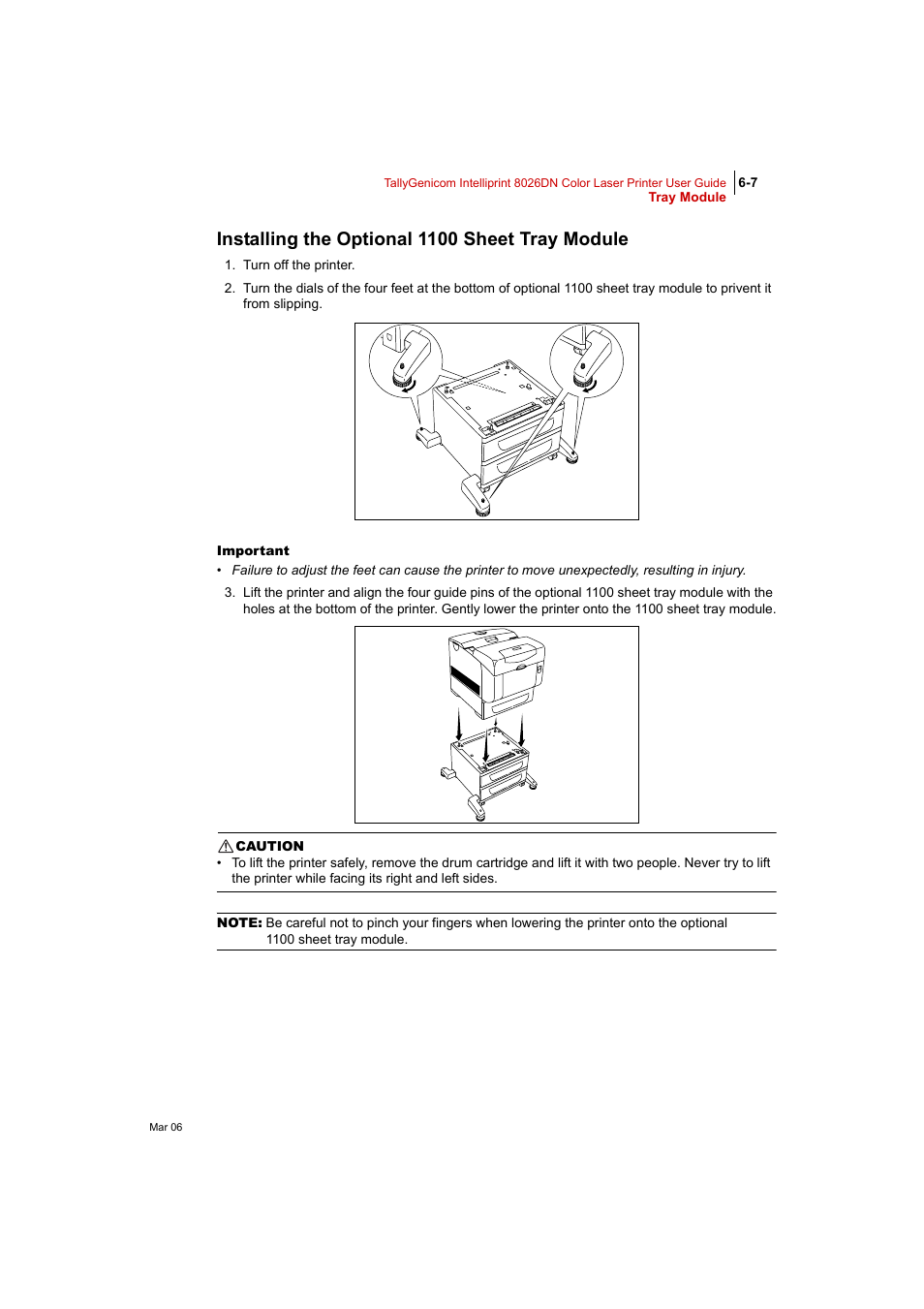Installing the optional 1100 sheet tray module, Installing the optional 1100 sheet tray module 6-7 | Tally Genicom Intelliprint 8026DN User Manual | Page 147 / 260