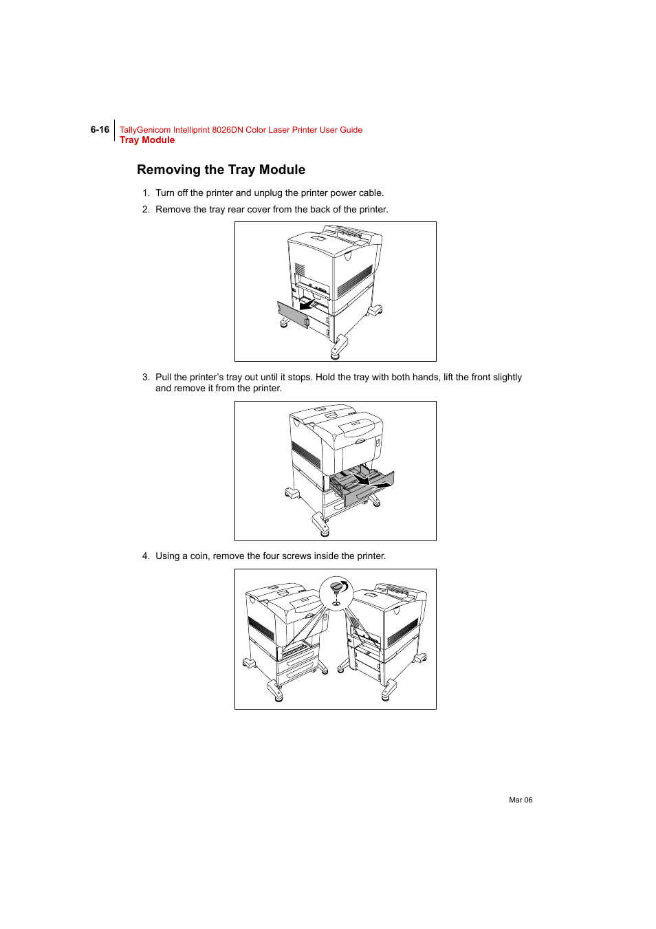 Removing the tray module, Removing the tray module 6-16 | Tally Genicom Intelliprint 8026DN User Manual | Page 156 / 260