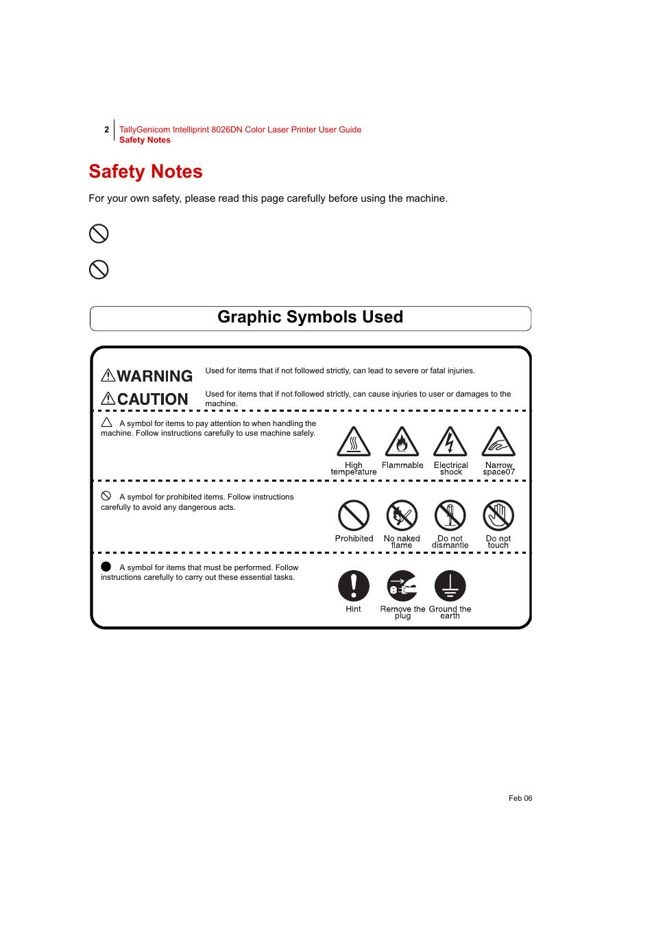 Safety notes, Safety notes 2, Graphic symbols used | Tally Genicom Intelliprint 8026DN User Manual | Page 16 / 260