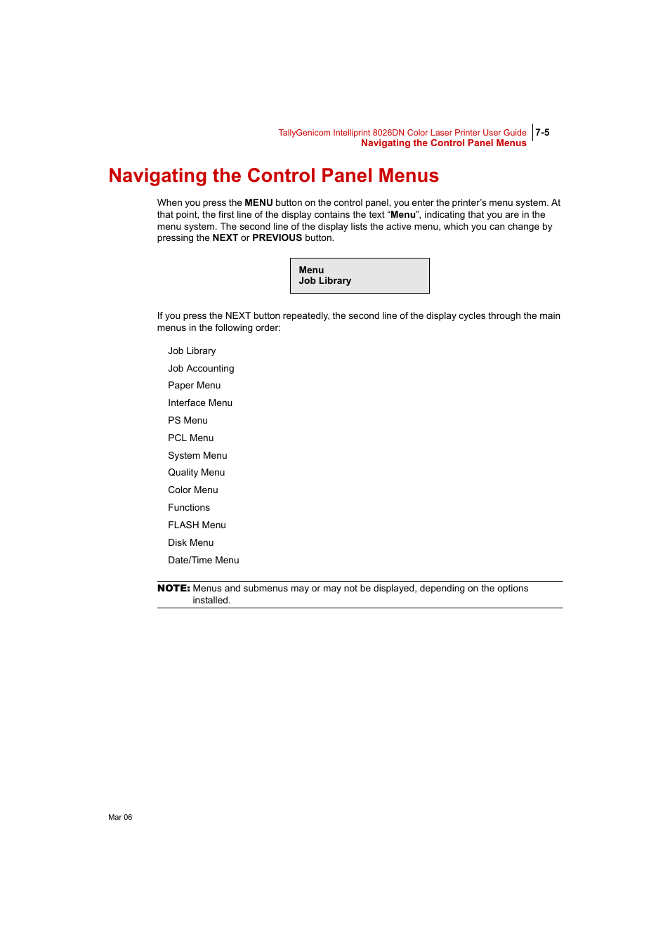Navigating the control panel menus, Navigating the control panel menus 7-5 | Tally Genicom Intelliprint 8026DN User Manual | Page 163 / 260