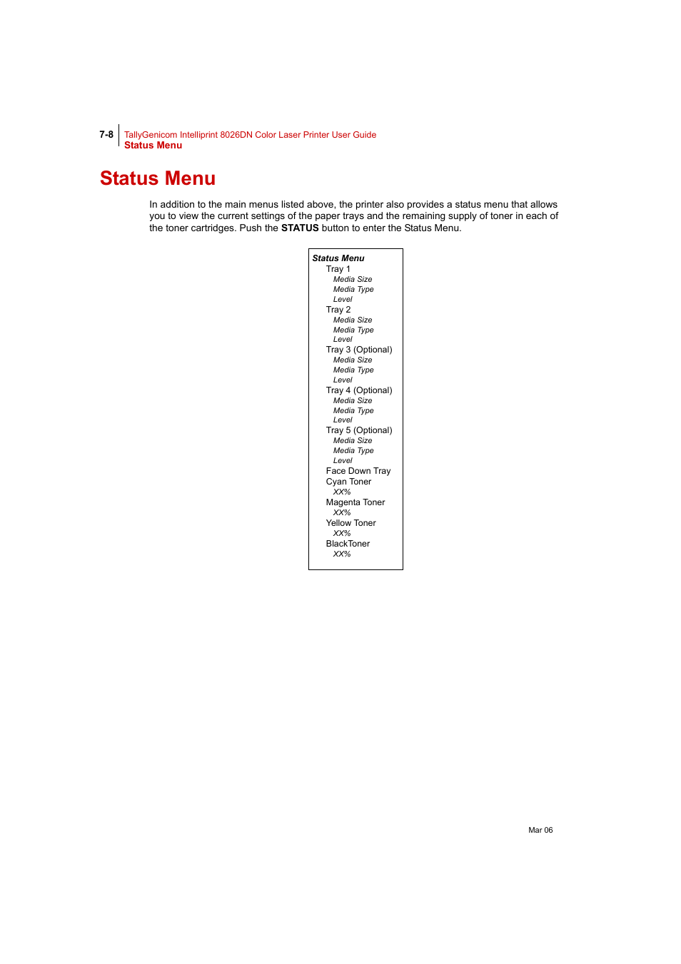 Status menu, Status menu 7-8 | Tally Genicom Intelliprint 8026DN User Manual | Page 166 / 260