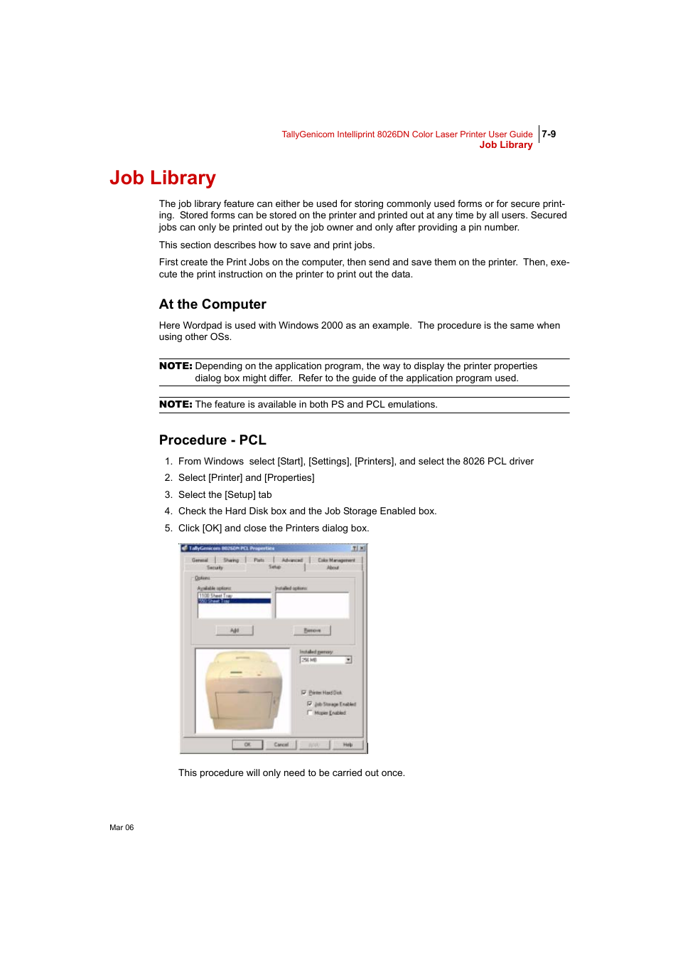 Job library, At the computer, Procedure - pcl | Job library 7-9, At the computer 7-9 procedure - pcl 7-9 | Tally Genicom Intelliprint 8026DN User Manual | Page 167 / 260