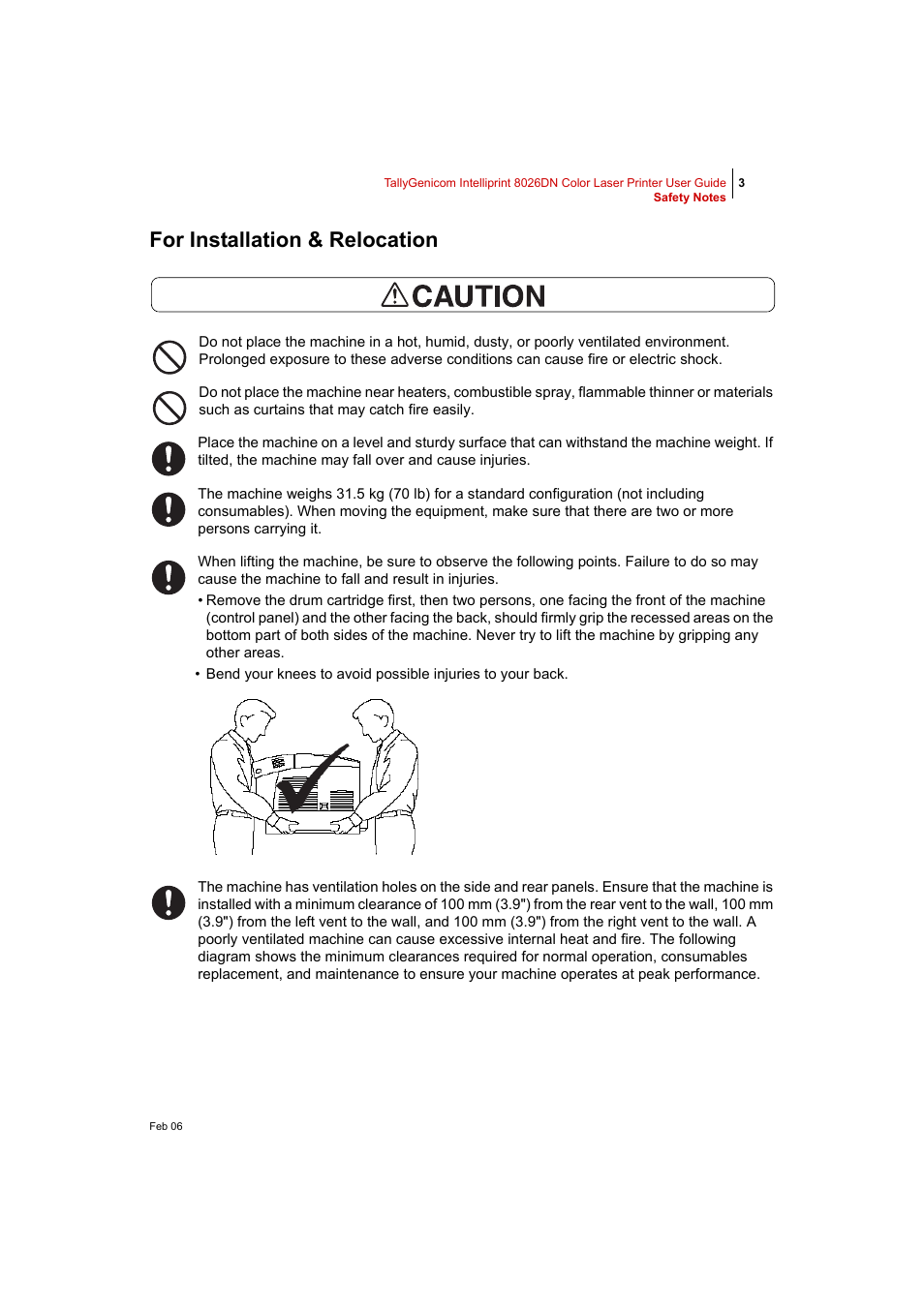 For installation & relocation, For installation & relocation 3 | Tally Genicom Intelliprint 8026DN User Manual | Page 17 / 260