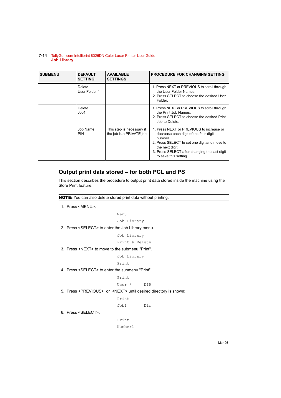 Output print data stored – for both pcl and ps | Tally Genicom Intelliprint 8026DN User Manual | Page 172 / 260