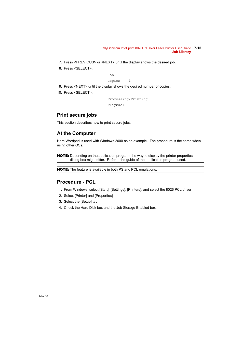Print secure jobs, At the computer, Procedure - pcl | Tally Genicom Intelliprint 8026DN User Manual | Page 173 / 260