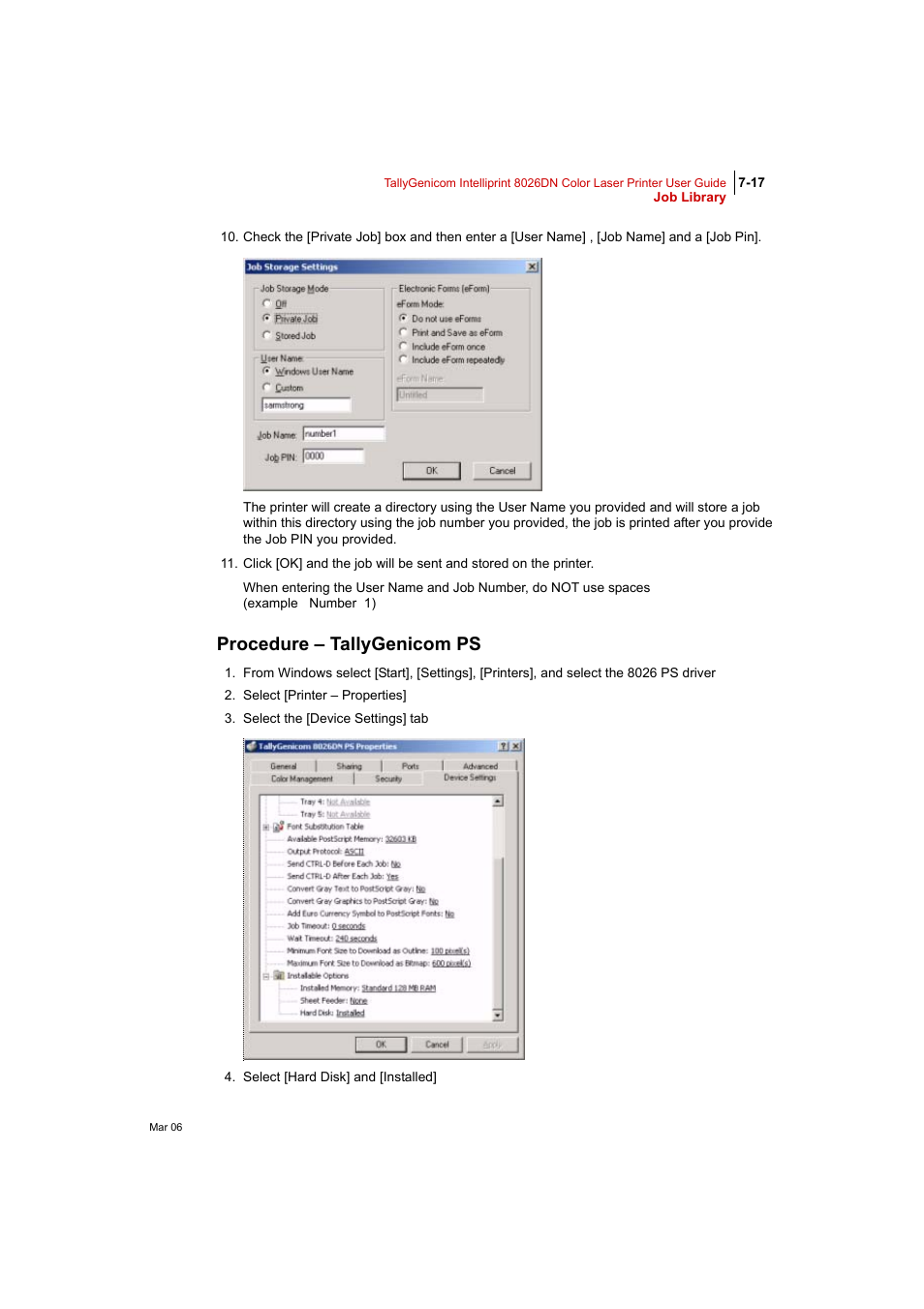 Procedure – tallygenicom ps, Procedure – tallygenicom ps 7-17 | Tally Genicom Intelliprint 8026DN User Manual | Page 175 / 260