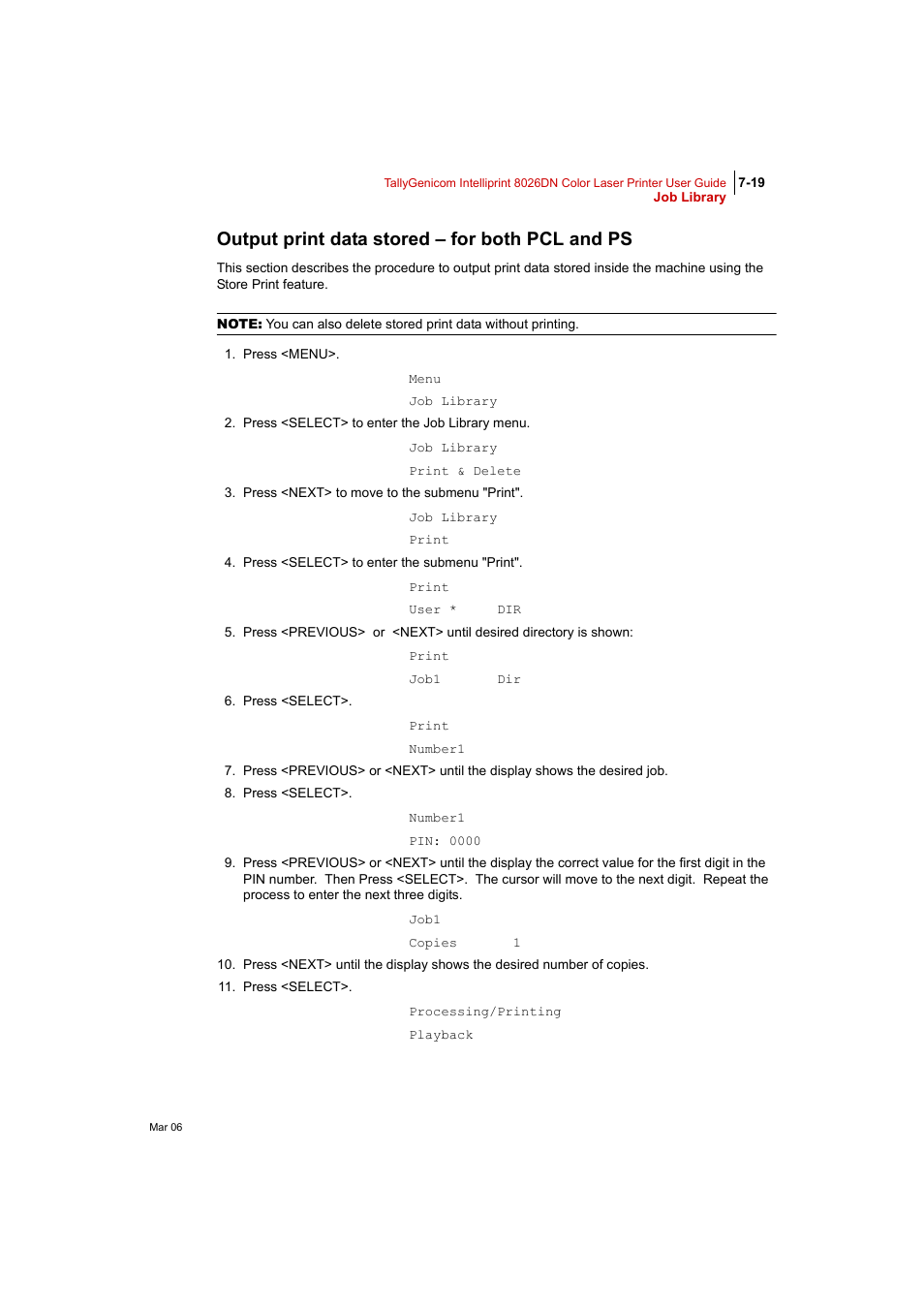 Output print data stored – for both pcl and ps | Tally Genicom Intelliprint 8026DN User Manual | Page 177 / 260