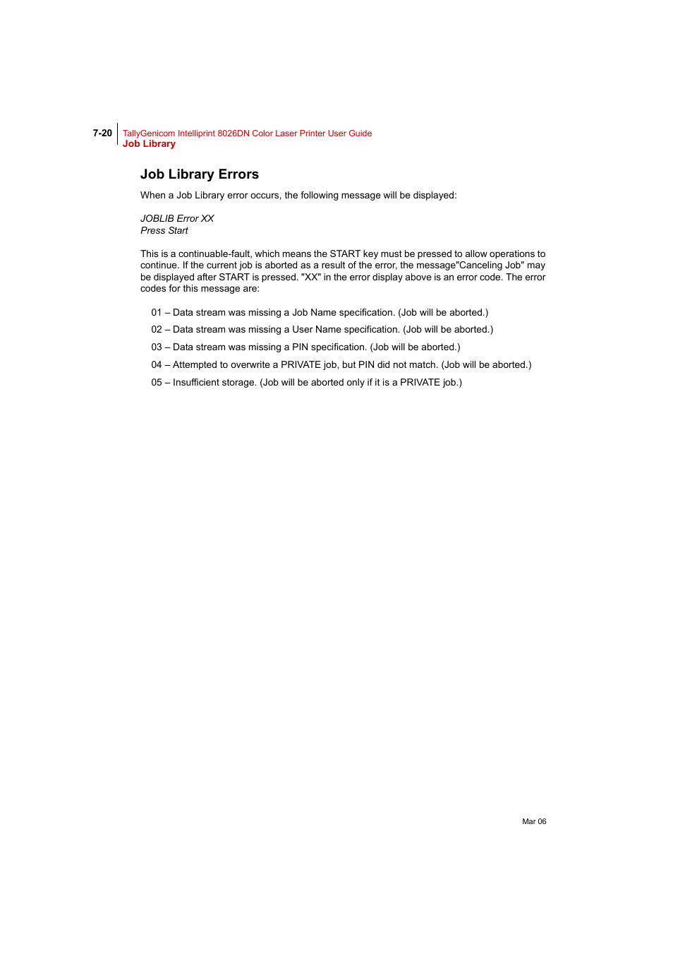 Job library errors, Job library errors 7-20 | Tally Genicom Intelliprint 8026DN User Manual | Page 178 / 260
