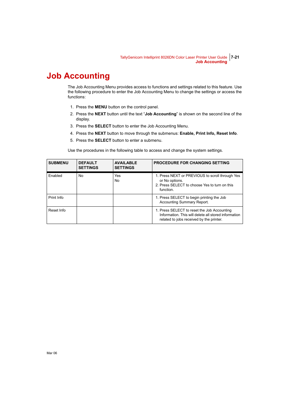 Job accounting, Job accounting 7-21 | Tally Genicom Intelliprint 8026DN User Manual | Page 179 / 260