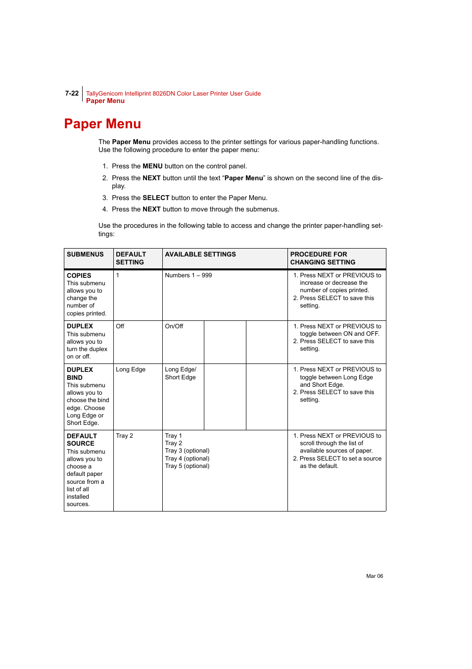 Paper menu, Paper menu 7-22 | Tally Genicom Intelliprint 8026DN User Manual | Page 180 / 260