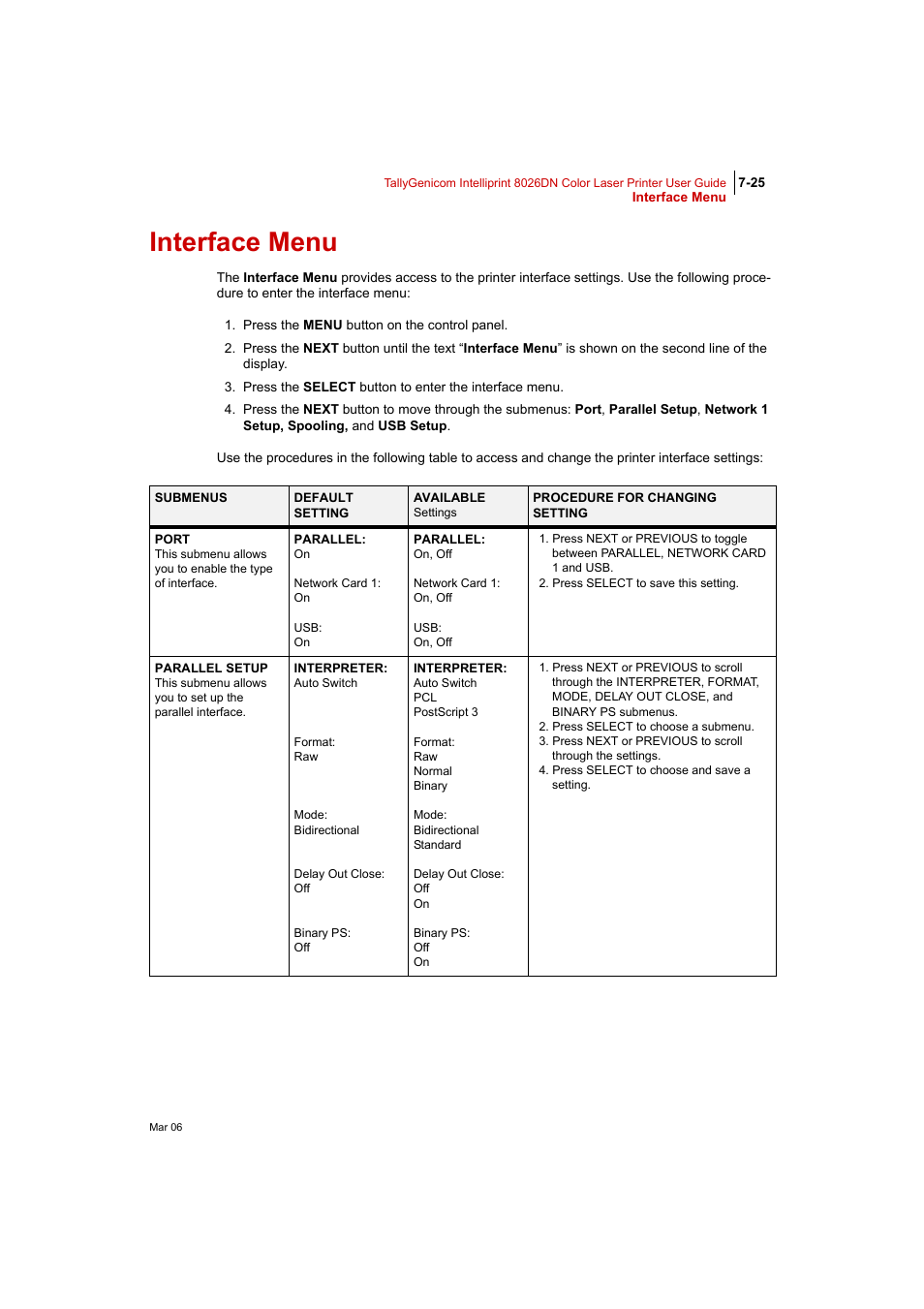 Interface menu, Interface menu 7-25 | Tally Genicom Intelliprint 8026DN User Manual | Page 183 / 260