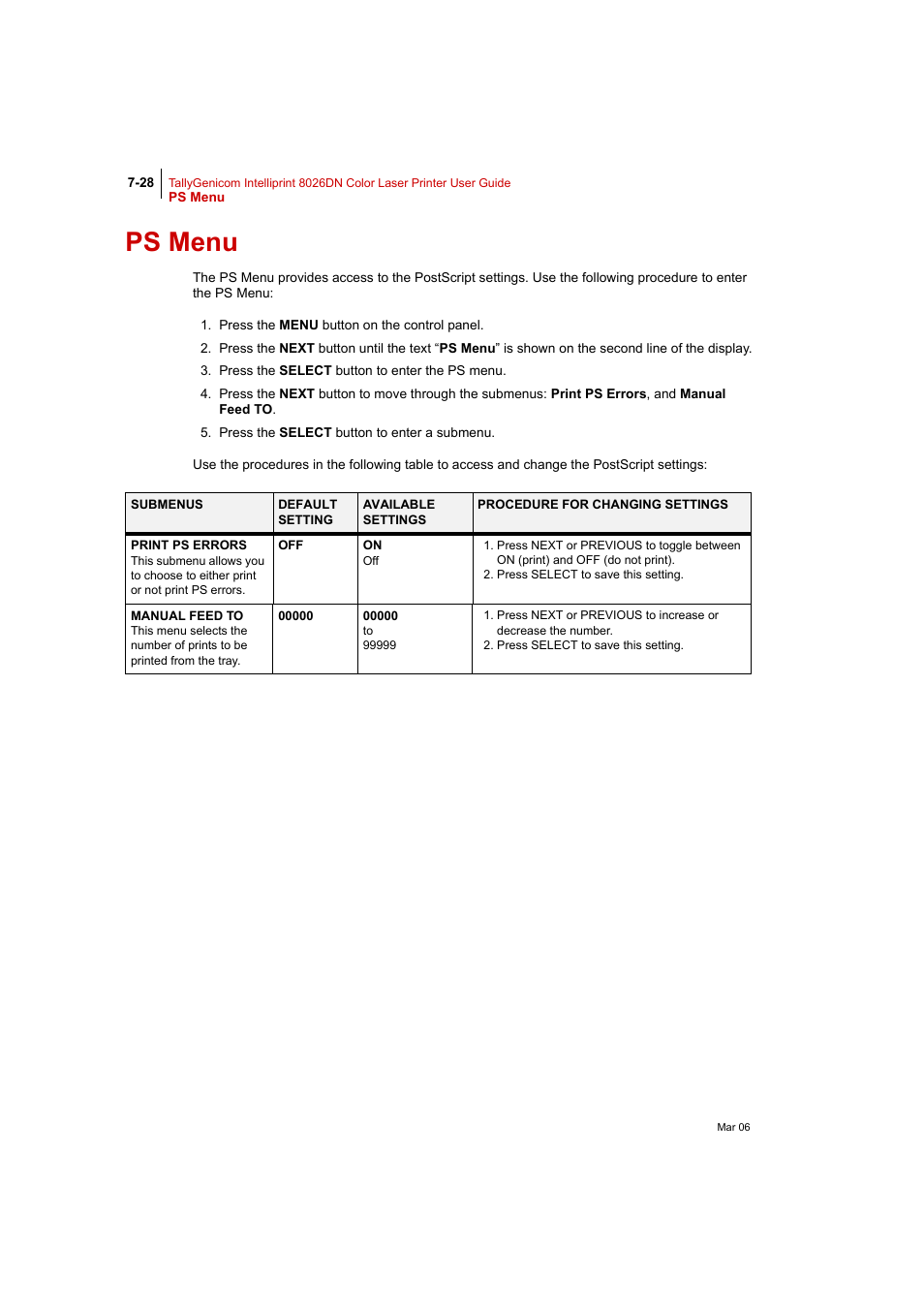 Ps menu, Ps menu 7-28 | Tally Genicom Intelliprint 8026DN User Manual | Page 186 / 260