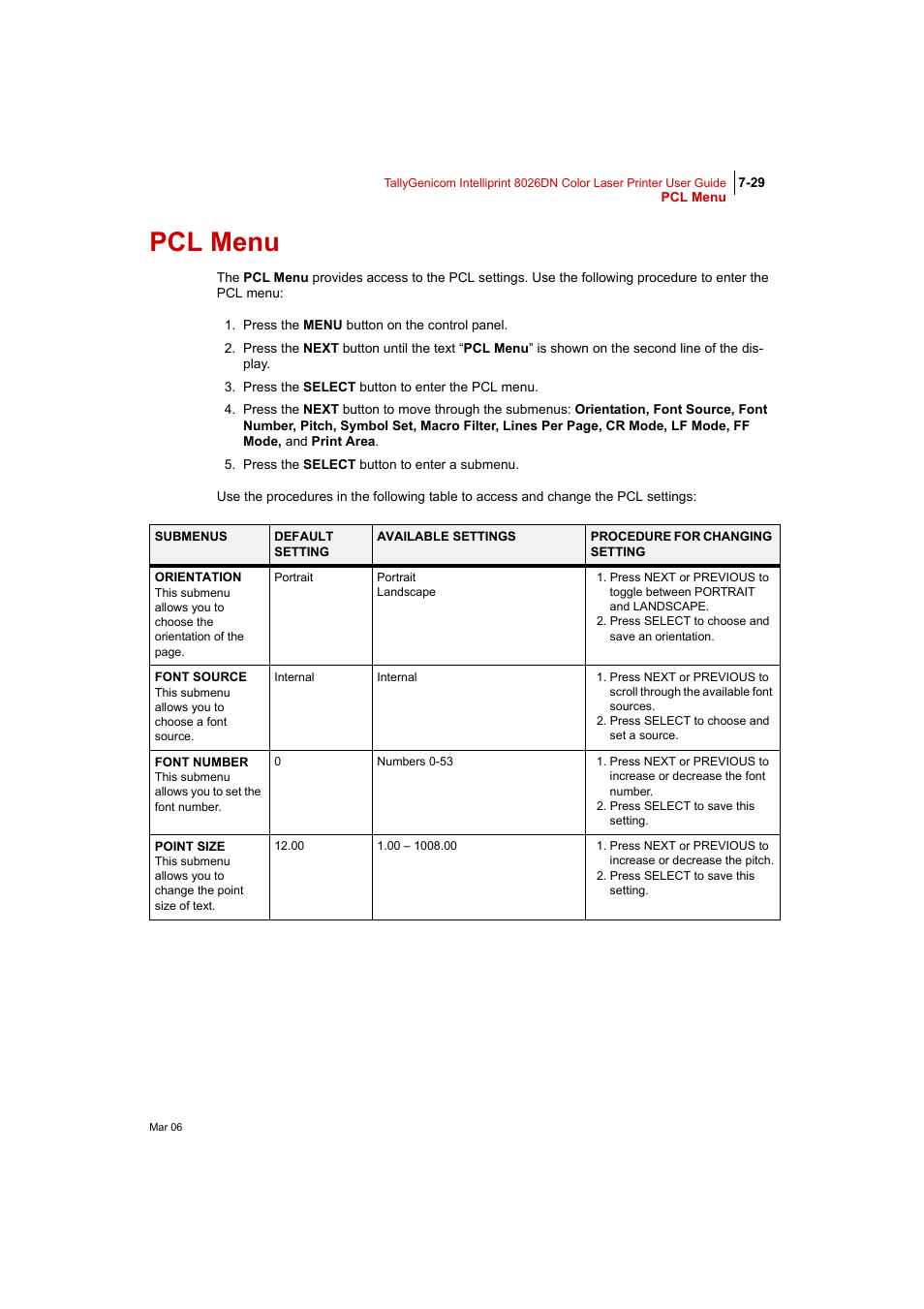 Pcl menu, Pcl menu 7-29 | Tally Genicom Intelliprint 8026DN User Manual | Page 187 / 260
