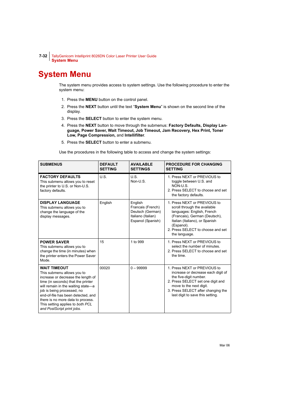 System menu, System menu 7-32 | Tally Genicom Intelliprint 8026DN User Manual | Page 190 / 260