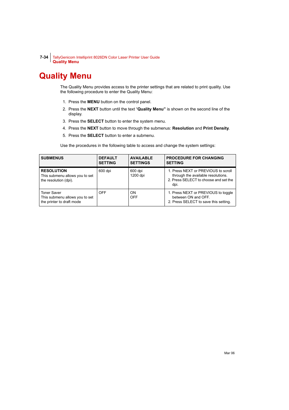 Quality menu, Quality menu 7-34 | Tally Genicom Intelliprint 8026DN User Manual | Page 192 / 260